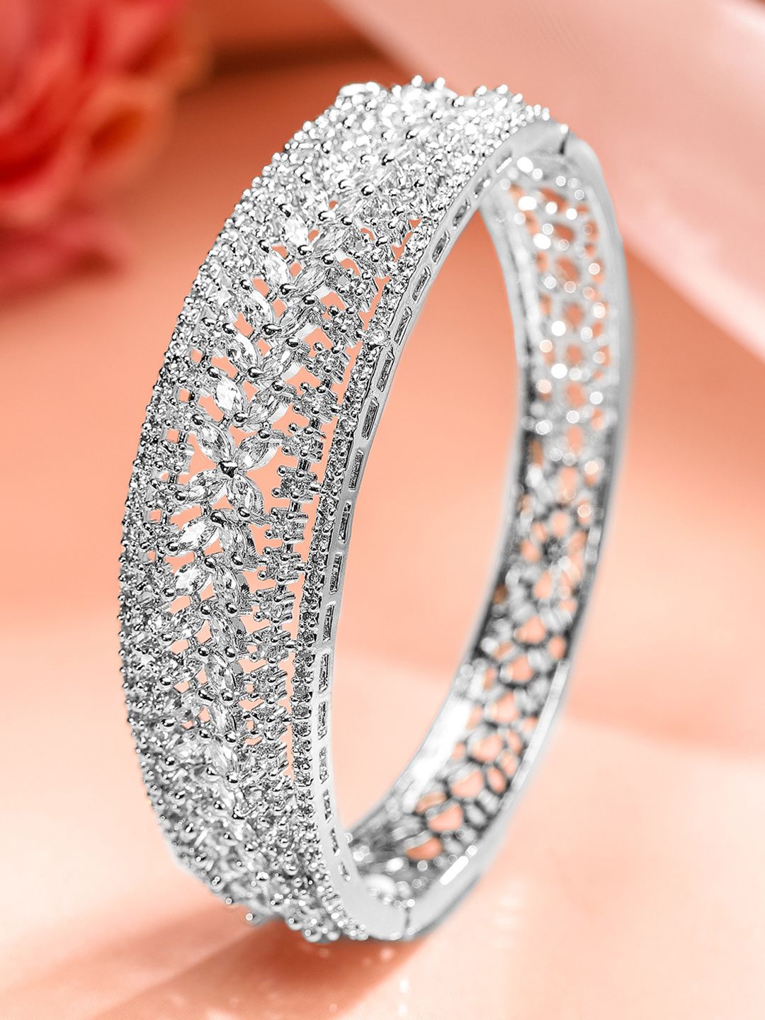 Dhiyona RJ Women's Rhodium-Plated White Cubic Zirconia Studded Openable Bracelet with Classic Design