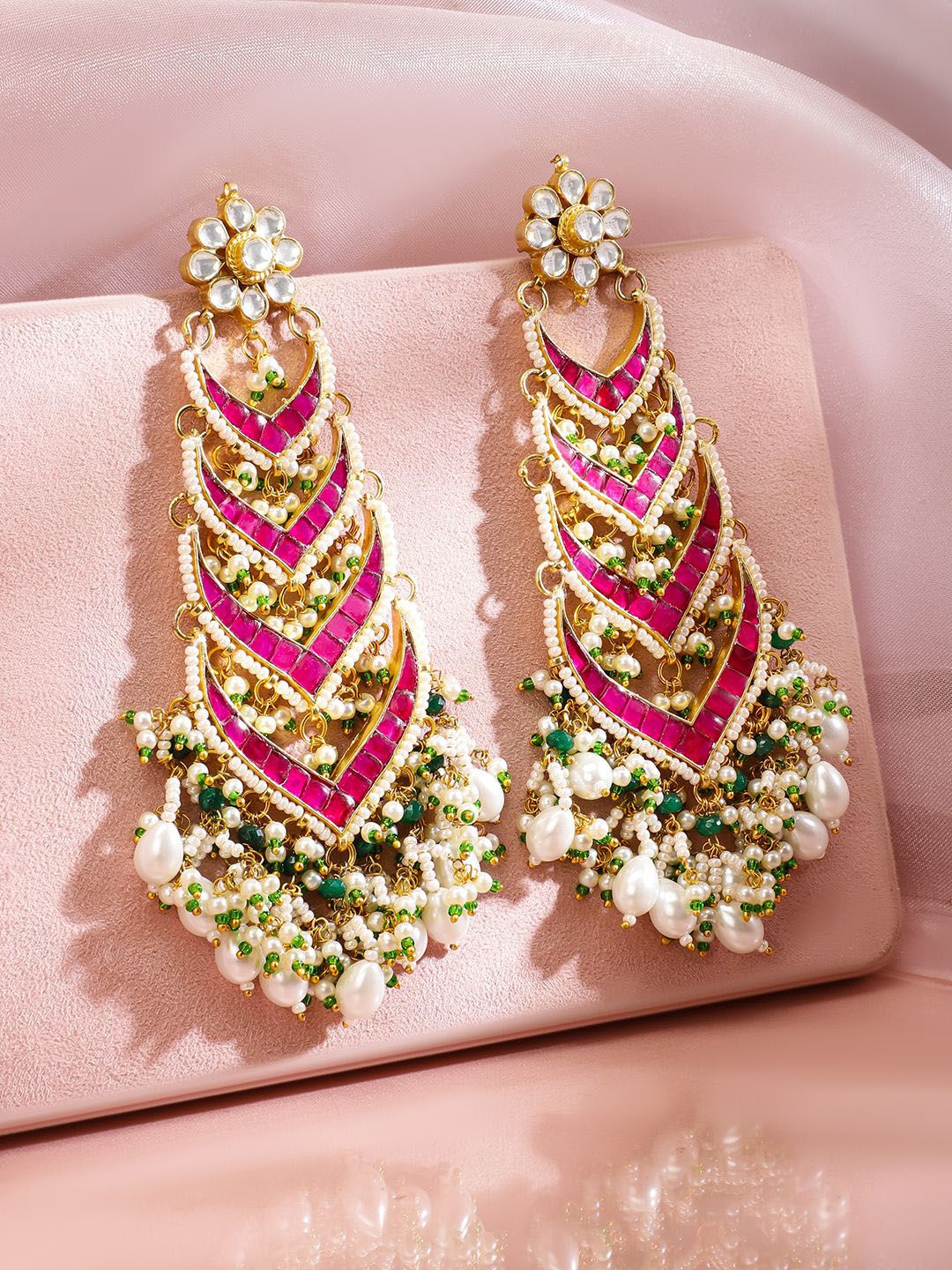 Dhiyona RJ Women's 24K Gold-Plated Ruby Pink Kundan & Green Beaded Handcrafted Shoulder Duster Earring