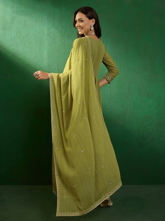 Women's Embroidered V-Neck Kurta With Trousers & Dupatta