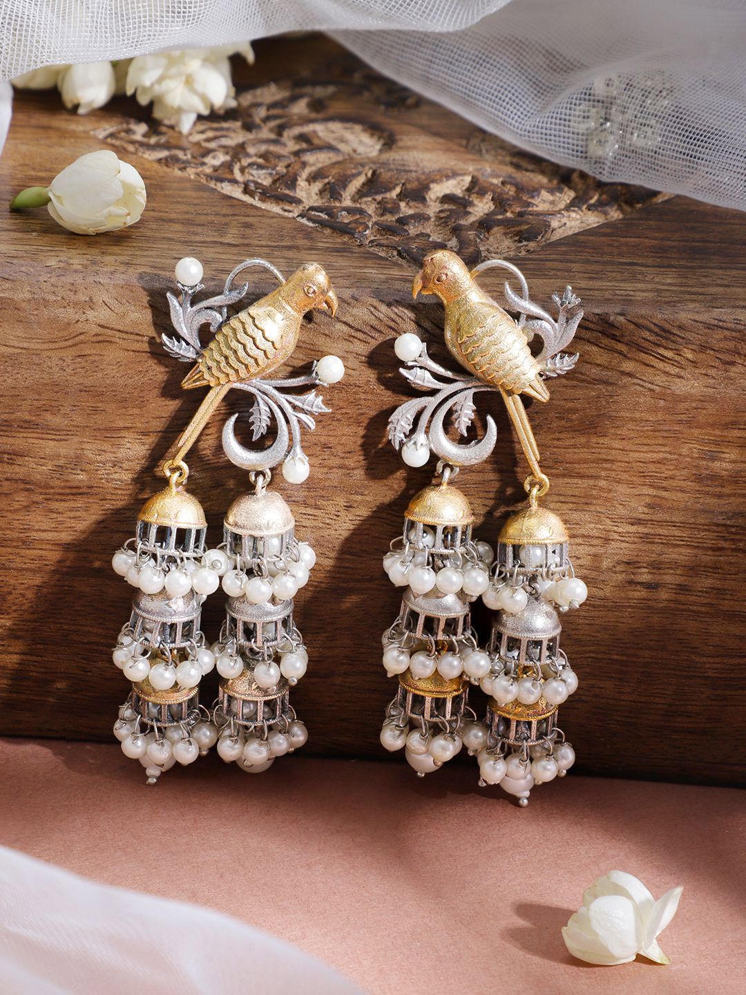 Dhiyona RJ Women's Women Oxidised Rhodium Plated White Pearls with Birds Multi Jhumka Earrings