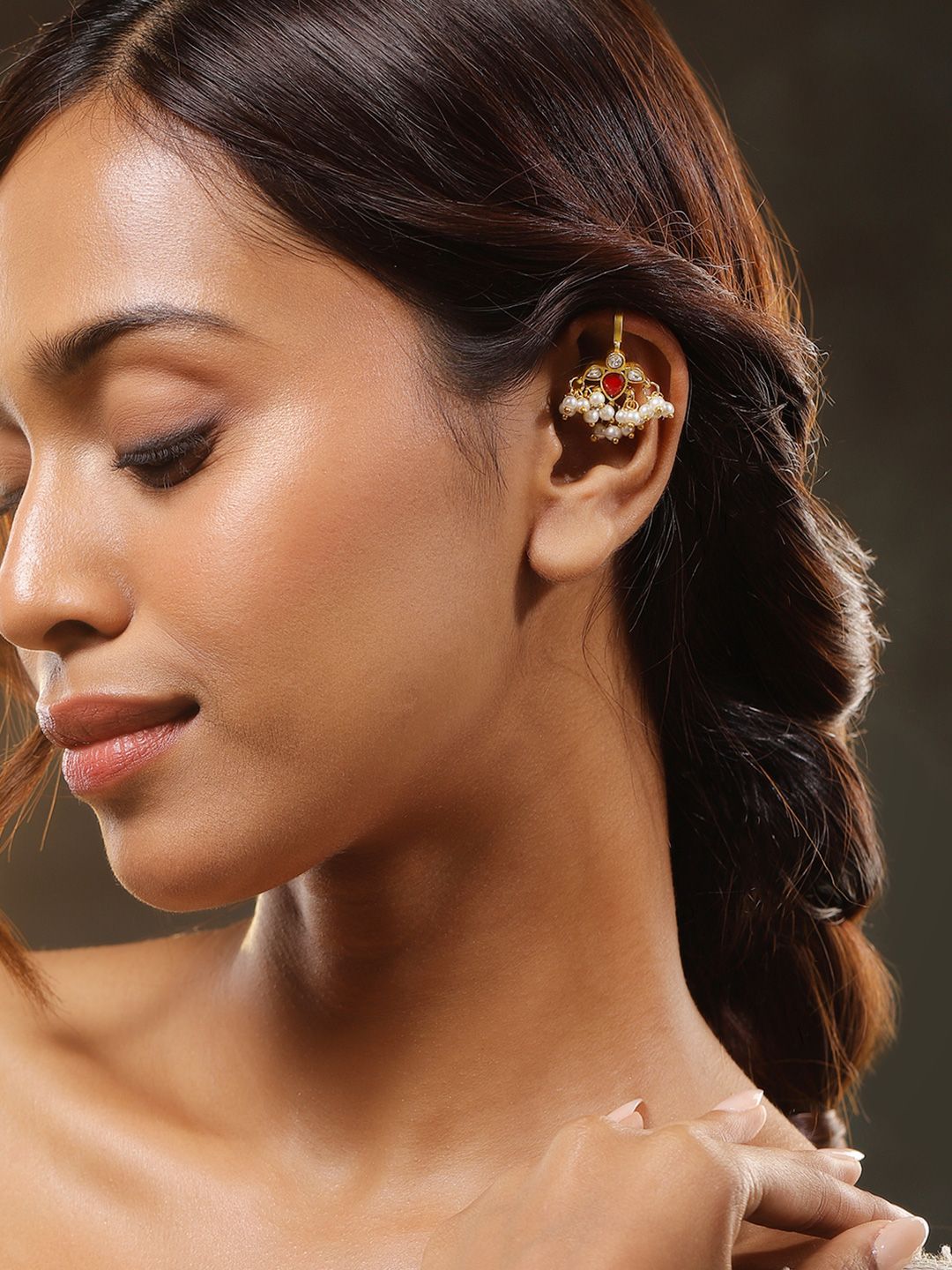 Dhiyona RJ Women's 22K Gold-Plated Ruby Pink & White Kundan Handcrafted Ear Cuff with Pearl Beads