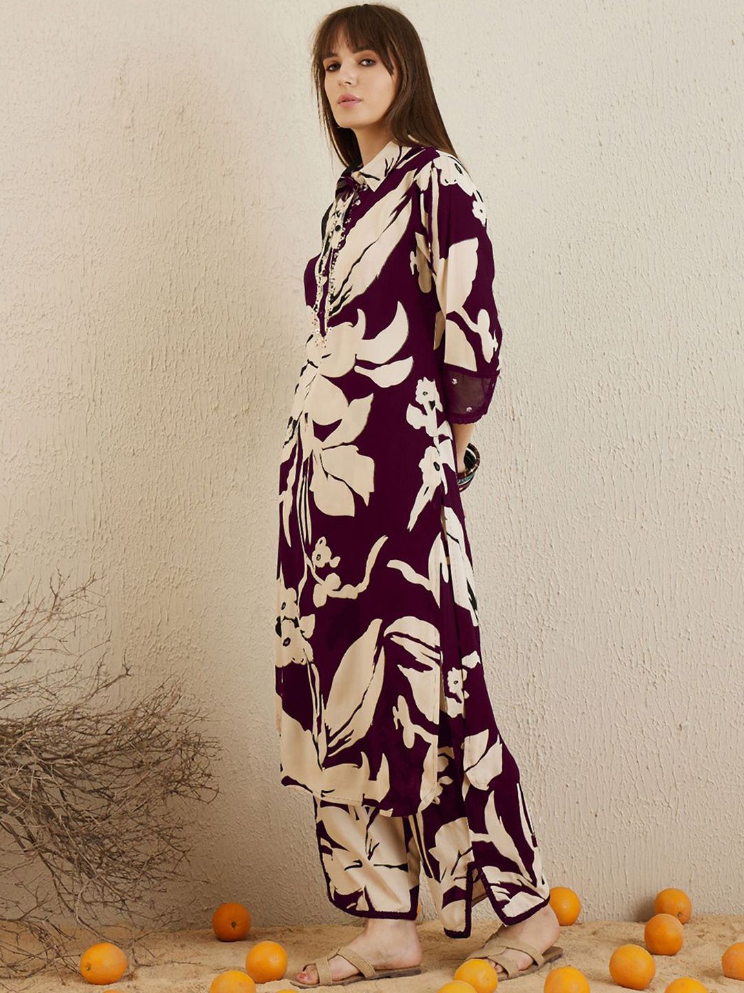 Dhiyona IE Women Shirt Coller Floral Printed Regular Sequinned Kurta with Trousers