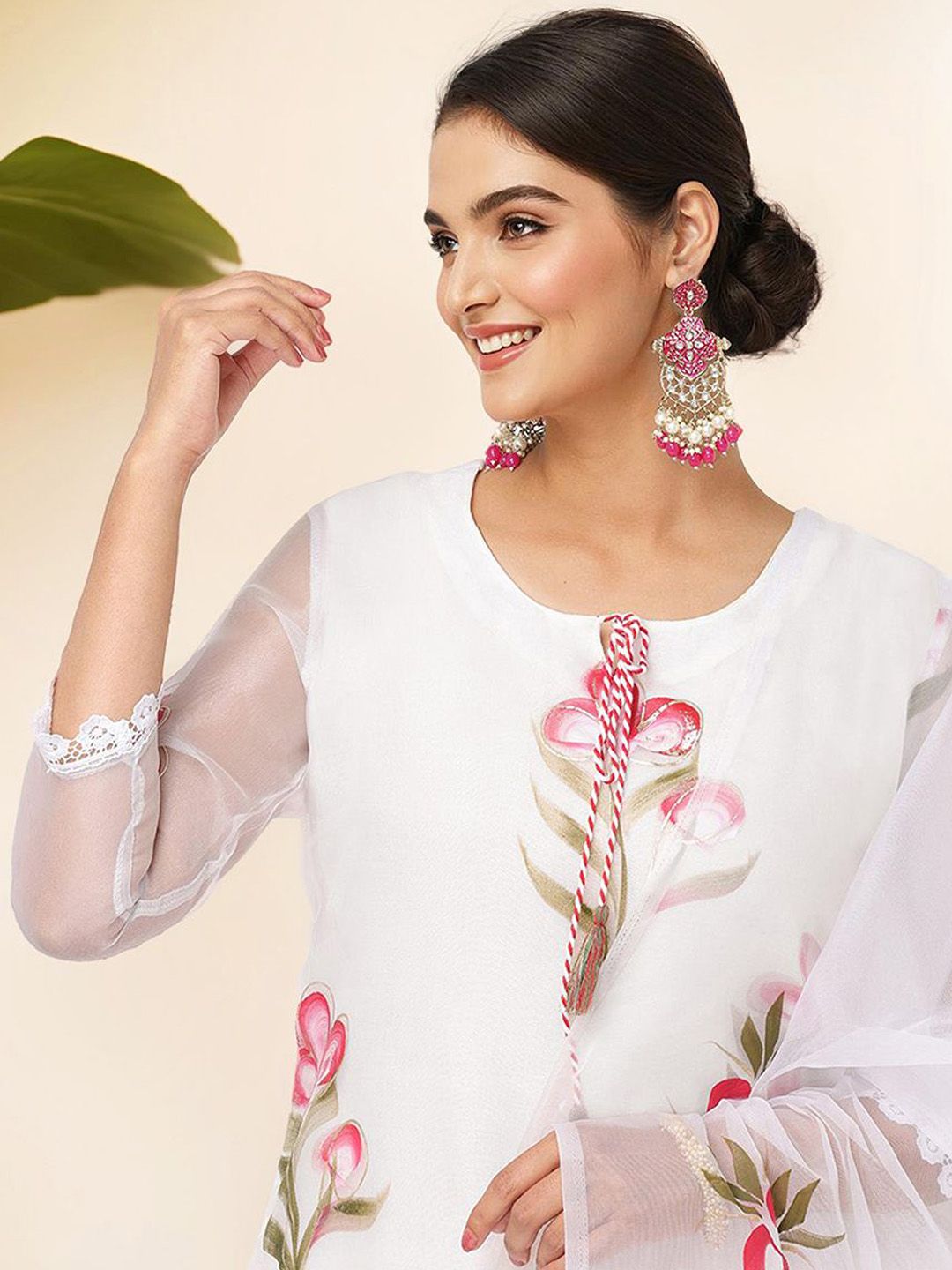 Dhiyona IS Women's Floral Printed Tie Up Neck Straight Kurta With Trousers & Dupatta