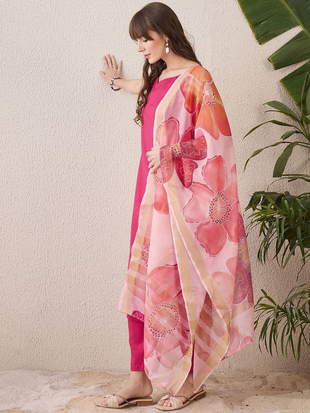 Dhiyona IE Floral Printed Sweetheart Neck Cotton Straight Kurta With Trousers & Dupatta