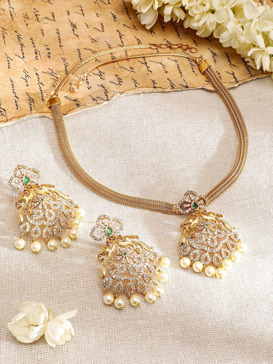 Dhiyona RJ Women's 22K Gold-Plated Emerald & Cubic Zirconia Studded Necklace Set with Pearl Accents