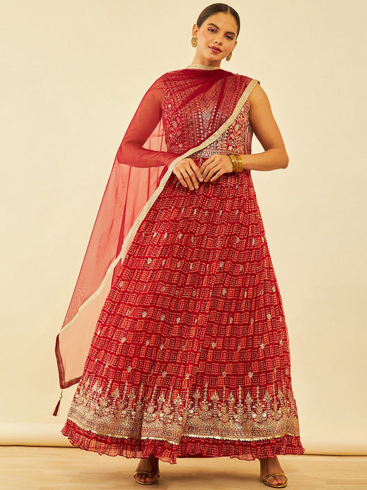 Dhiyona SO Women's Maroon Bandhani Printed Thread Work Georgette Anarkali Kurta & Churidar With dupatta