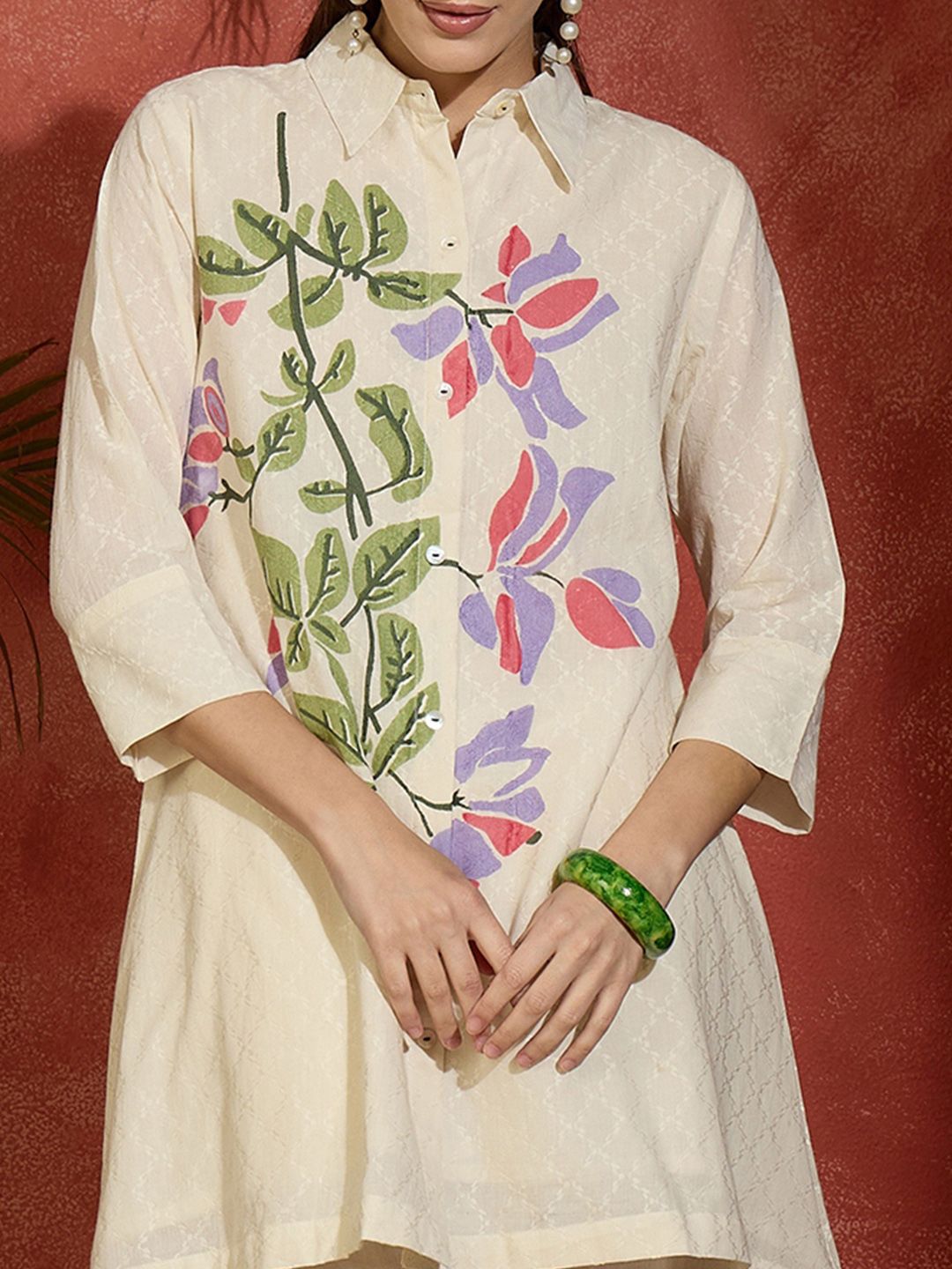 Dhiyona IE Floral Printed Shirt Collar A-Line Pure Cotton Kurta With Trousers