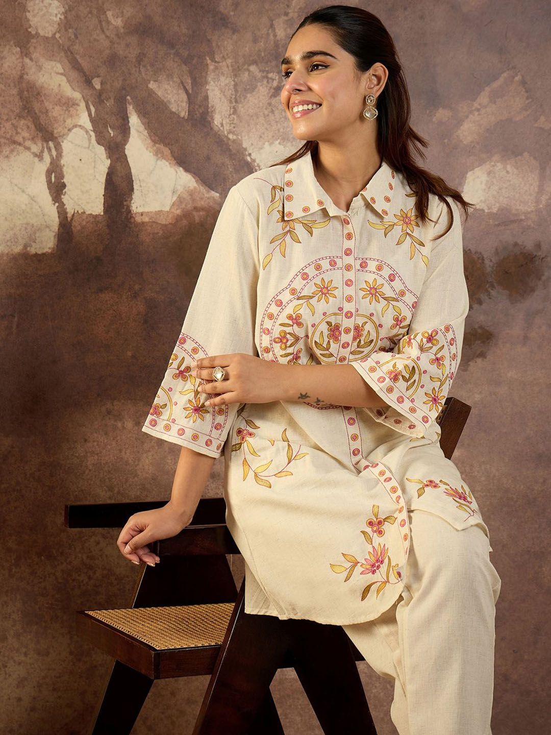 Dhiyona IE Embroidered Shirt Collar Pure Cotton Tunic With Trousers