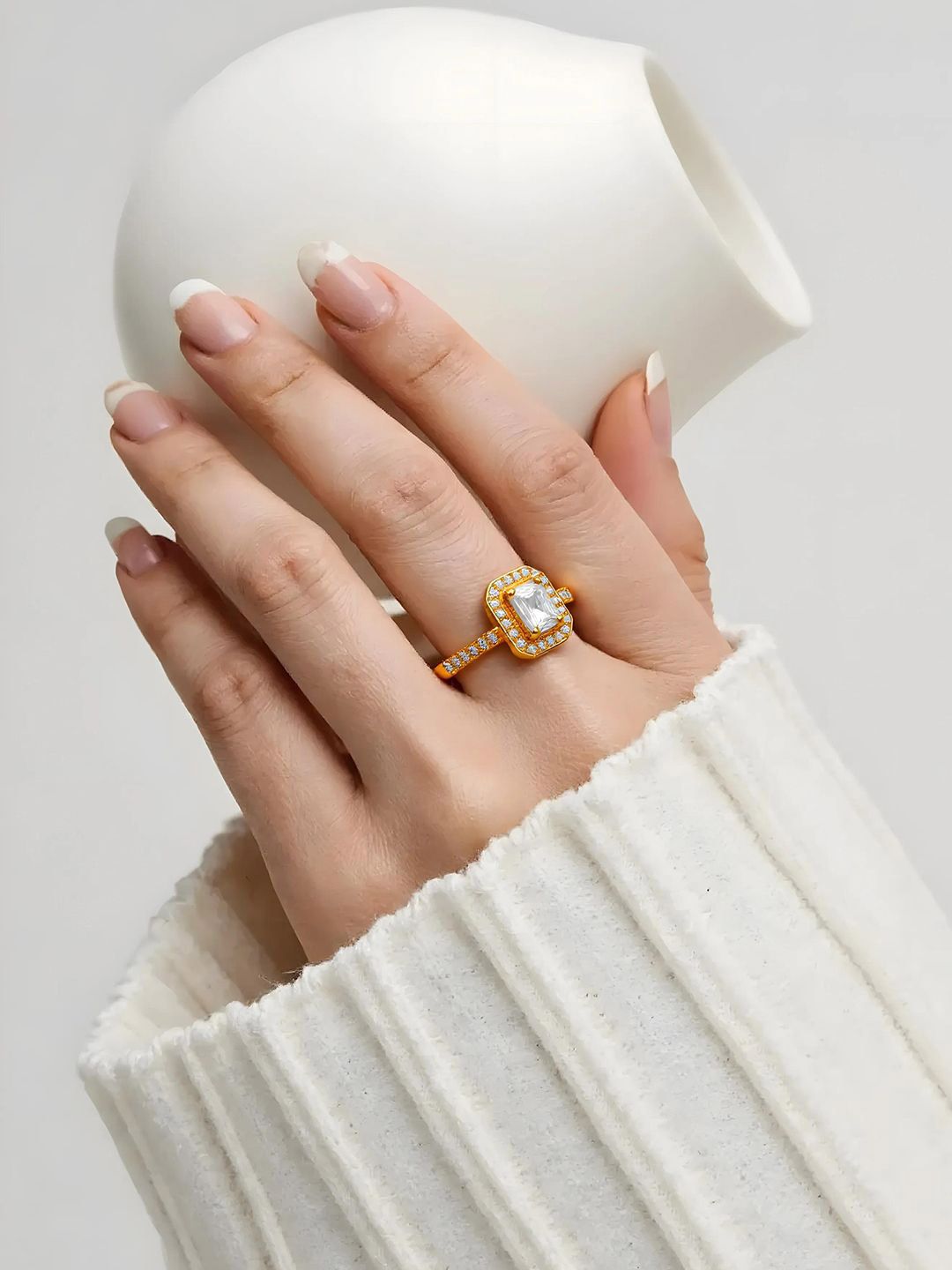 Dhiyona RJ Women's 18K Gold-Plated Adjustable White Cubic Zirconia Studded Rectangular Halo Ring