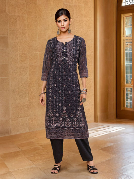 Dhiyona SO Women's Black Ethnic Motifs Printed Thread Work Kurta with Trousers