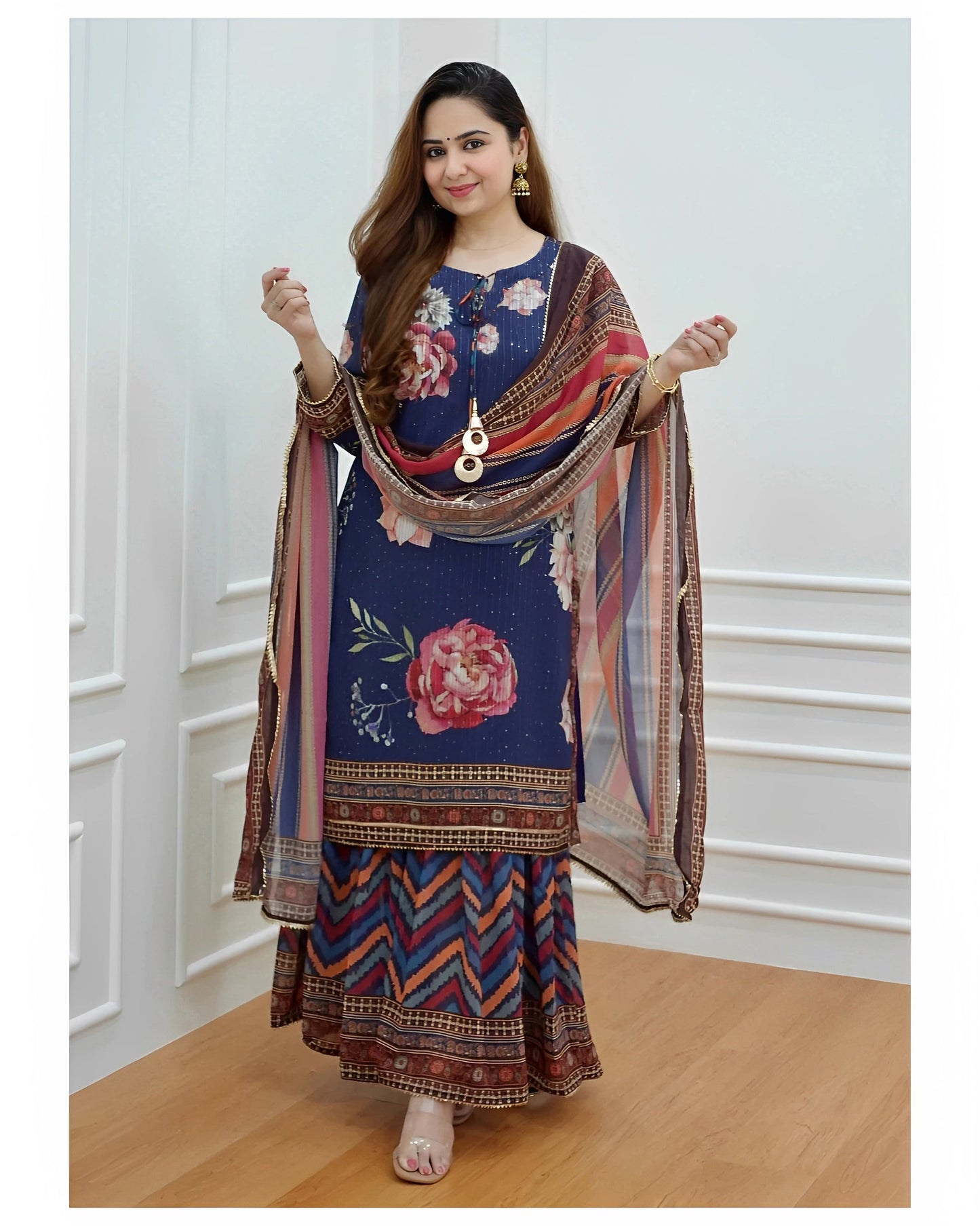 Women Blue Printed Viscose Rayon Kurta, Sharara And Dupatta Set