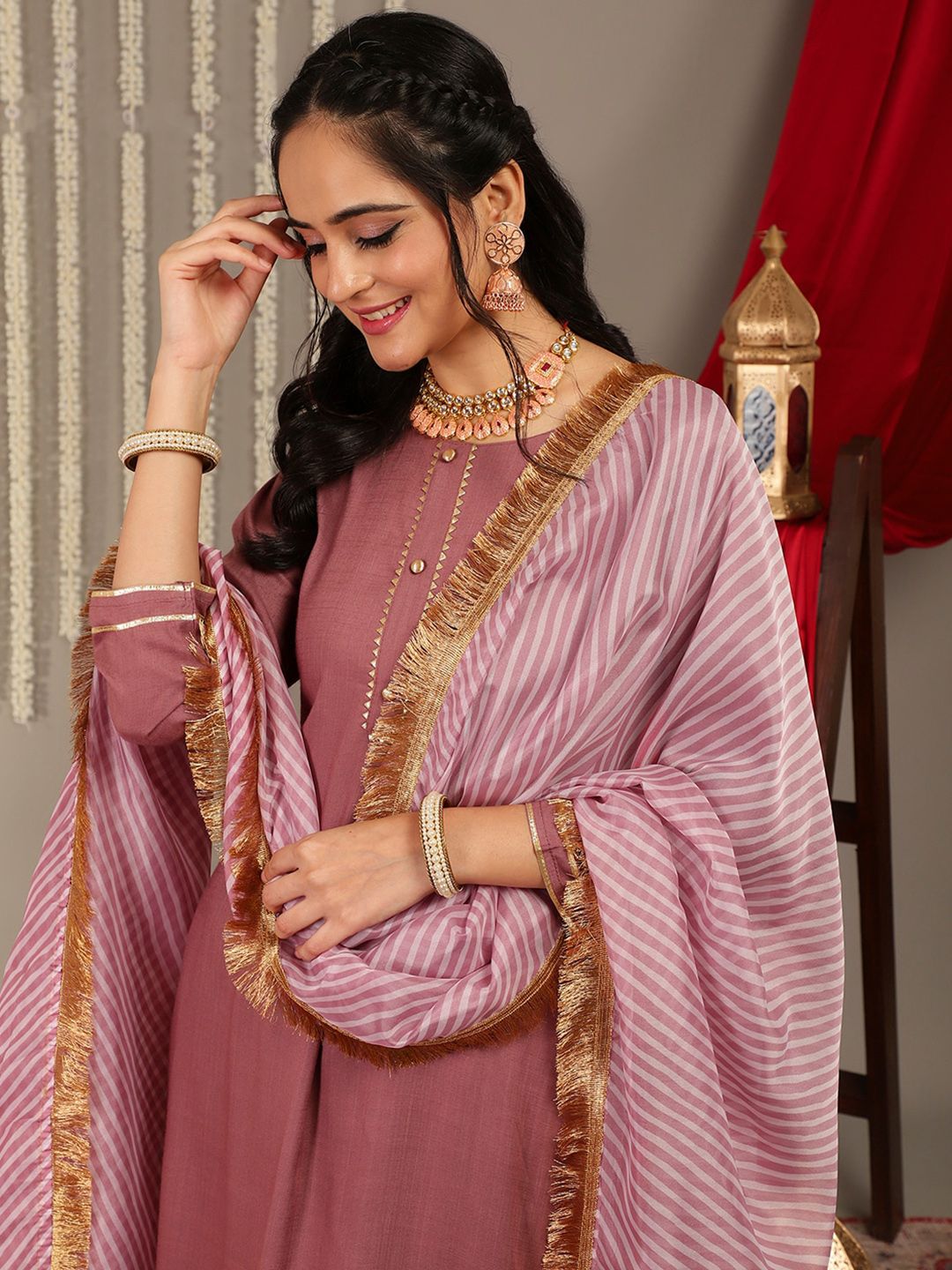 Dhiyona VA Women'sGotta Patti Detail Straight Kurta & Trousers With Dupatta