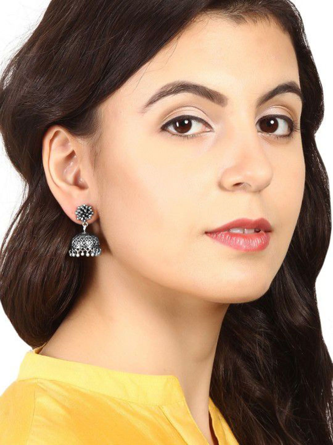 Dhiyona RJ Women's Oxidised Silver-Plated Traditional Jhumka Earrings
