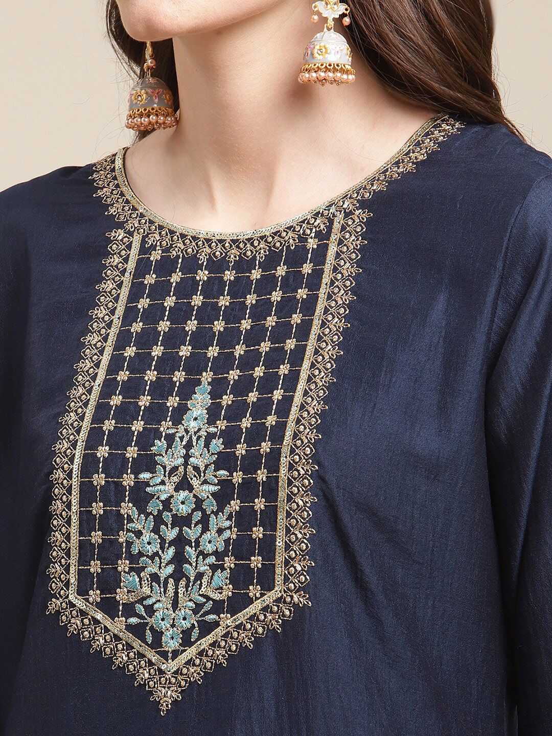 Dhiyona VA Women's Navy Blue Floral Embroidered Kurti Set With Dupatta