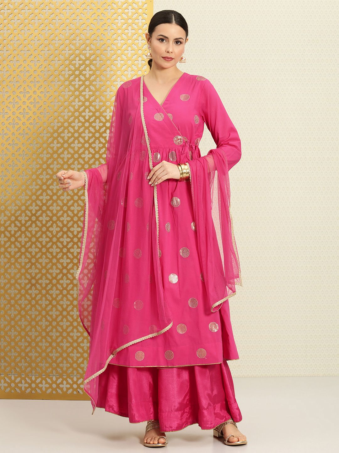 Dhiyona PD Women Women Angrakha Sequinned Pure Cotton Jashn Kurta with Skirt & Dupatta