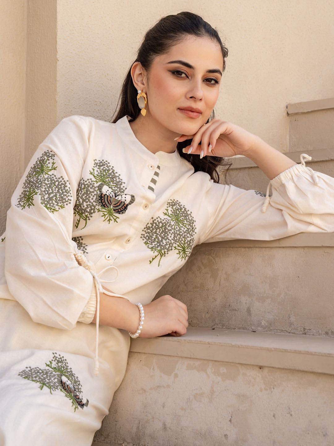 Dhiyona IE Embroidered Pure Cotton Tunic With Trousers Co-Ords