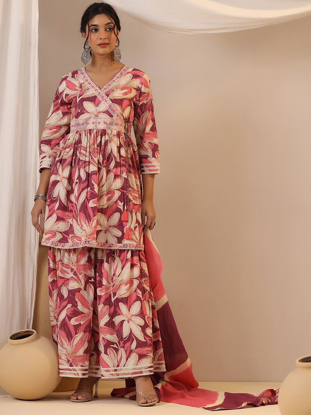 Dhiyona IS Women's Floral Printed Cotton Angrakha A-line Kurta with Sharara and Mulmul Dupatta