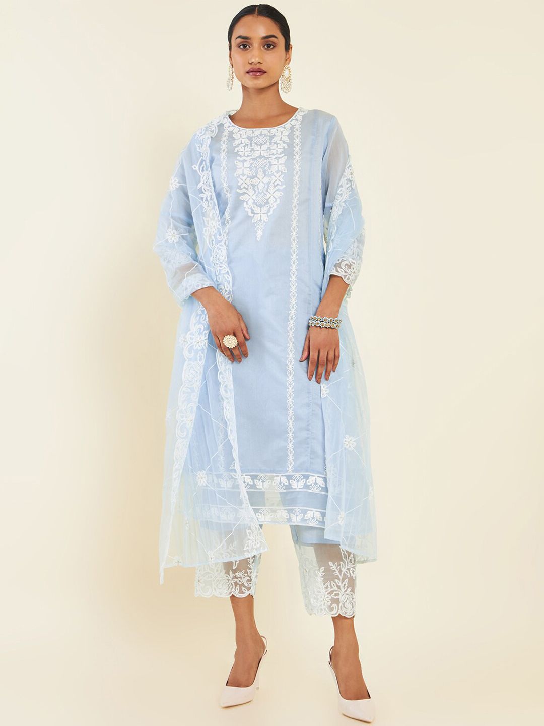 Dhiyona SO Women's Blue & White Floral Embroidered Chanderi Silk Kurta With Trousers & Dupatta