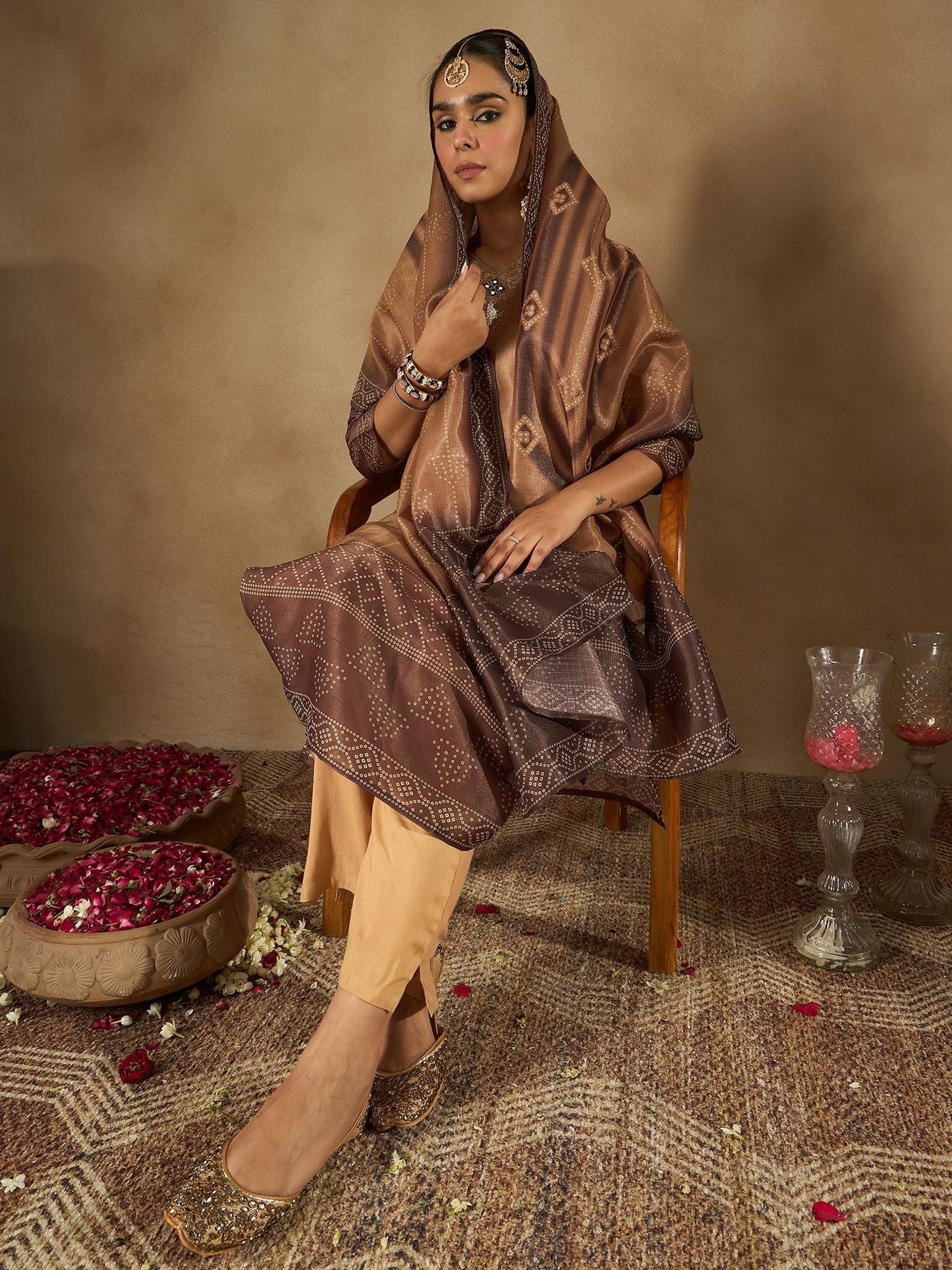 Dhiyona IE Floral Embroidered Embellished V-Neck Straight Kurta with Trouser And Dupatta
