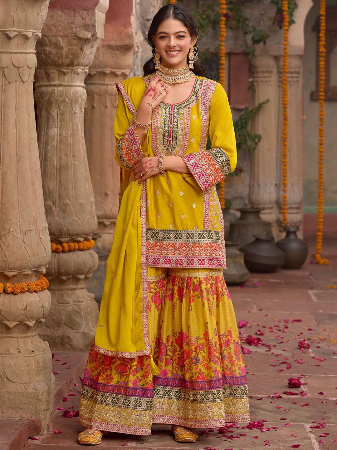 Dhiyona IE Embroidered Sequinned Kurti With Sharara & Dupatta