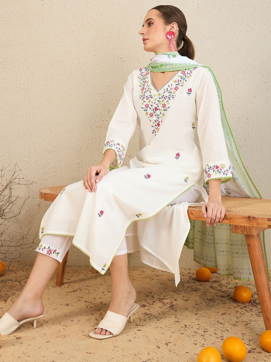 Dhiyona IE Floral Embroidered Pure Cotton Kurta With Trousers & Dupatta