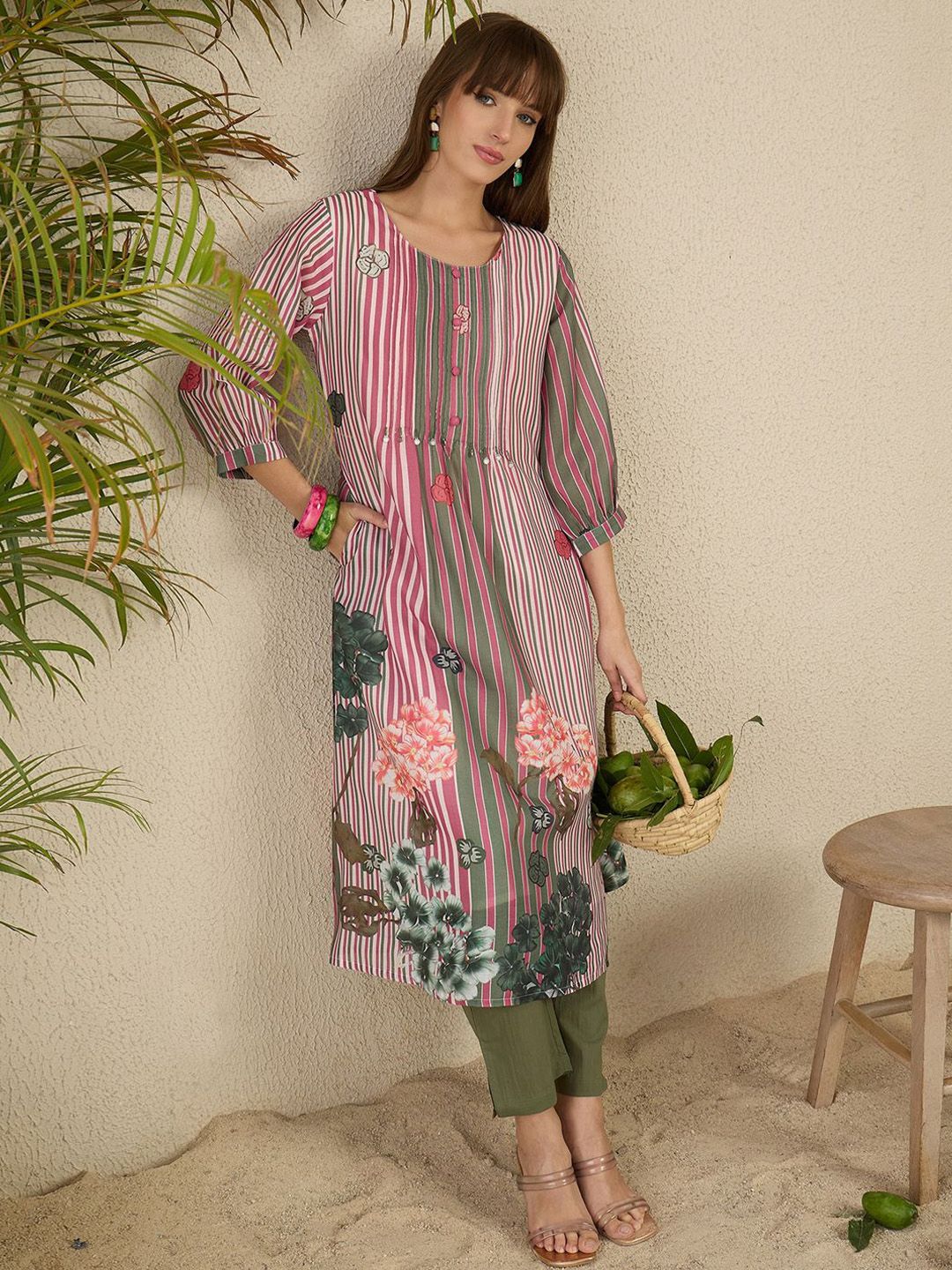 Dhiyona IE Floral Printed Pure Cotton Kurta With Trousers
