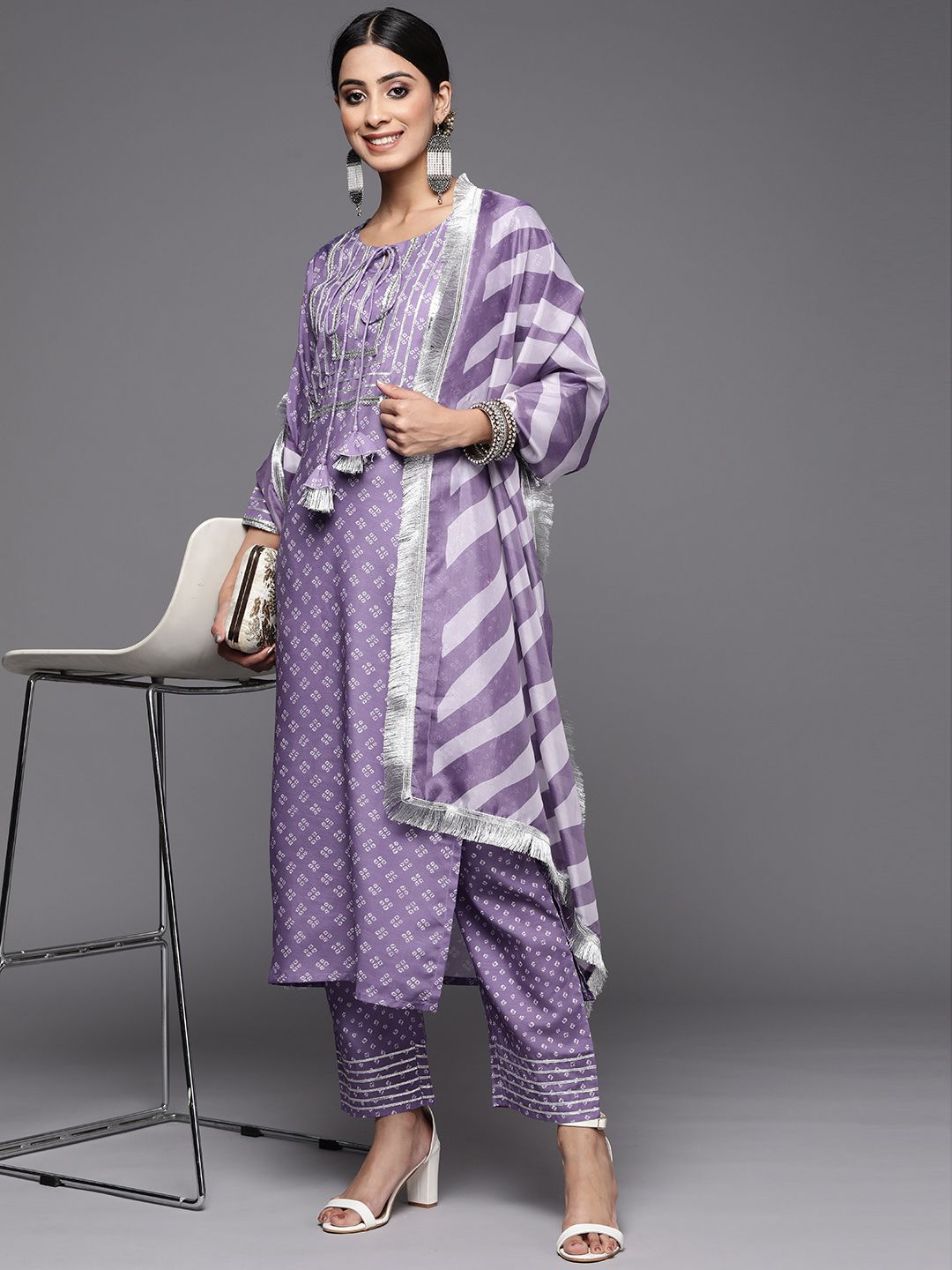 Dhiyona VA Women's Purple Bandhani Yoke Design Sequinned Kurta with Trousers & With Dupatta
