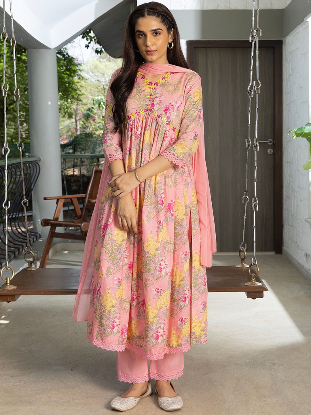Dhiyona SN Women's Floral Printed Thread Work Pure Cotton A-Line Kurta With Trouser & Dupatta