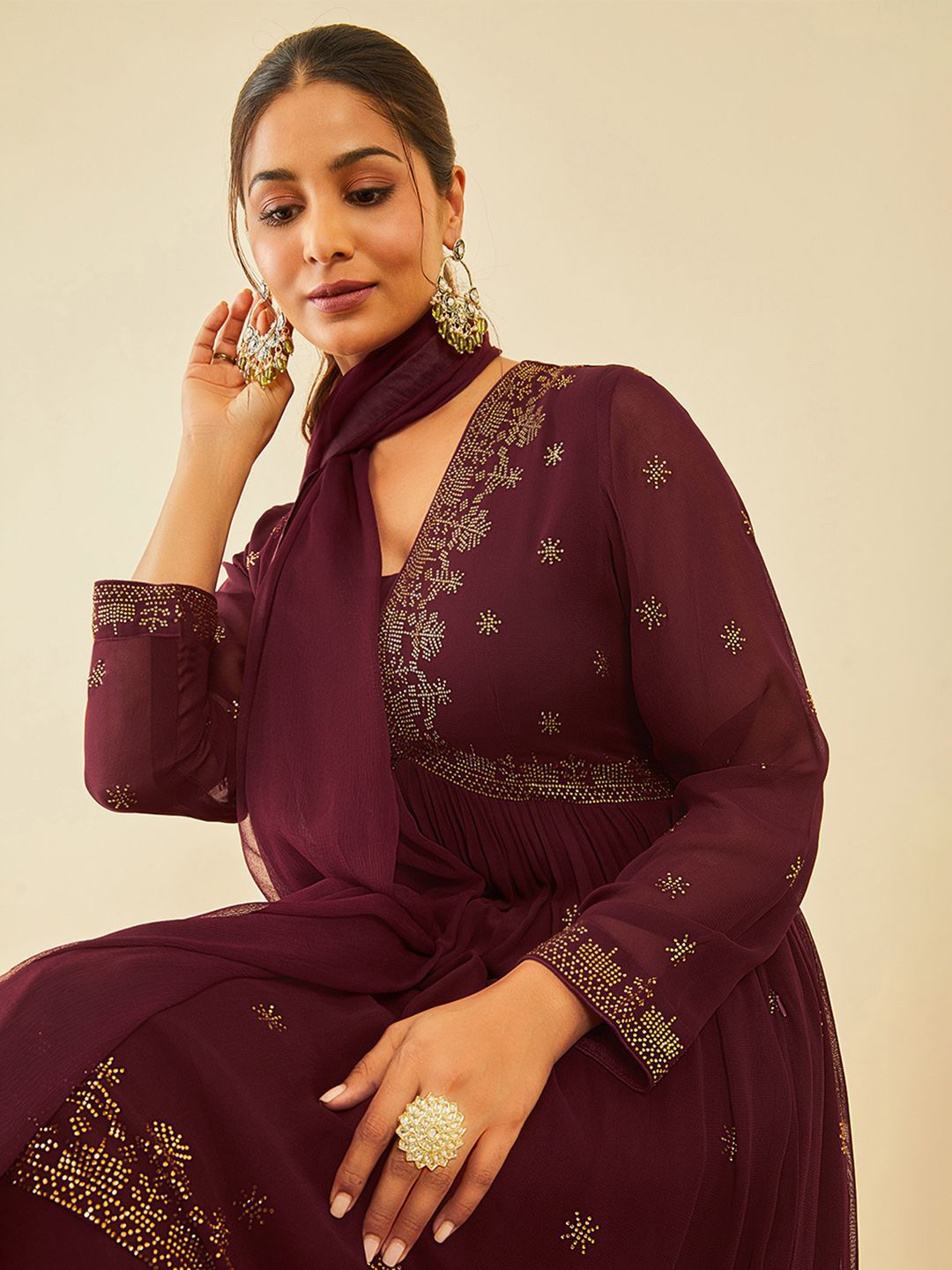 Dhiyona SO Women's Women Alia Cut Floral Embroidered Angrakha Beads and Stones Kurta with Palazzos & With Dupatta