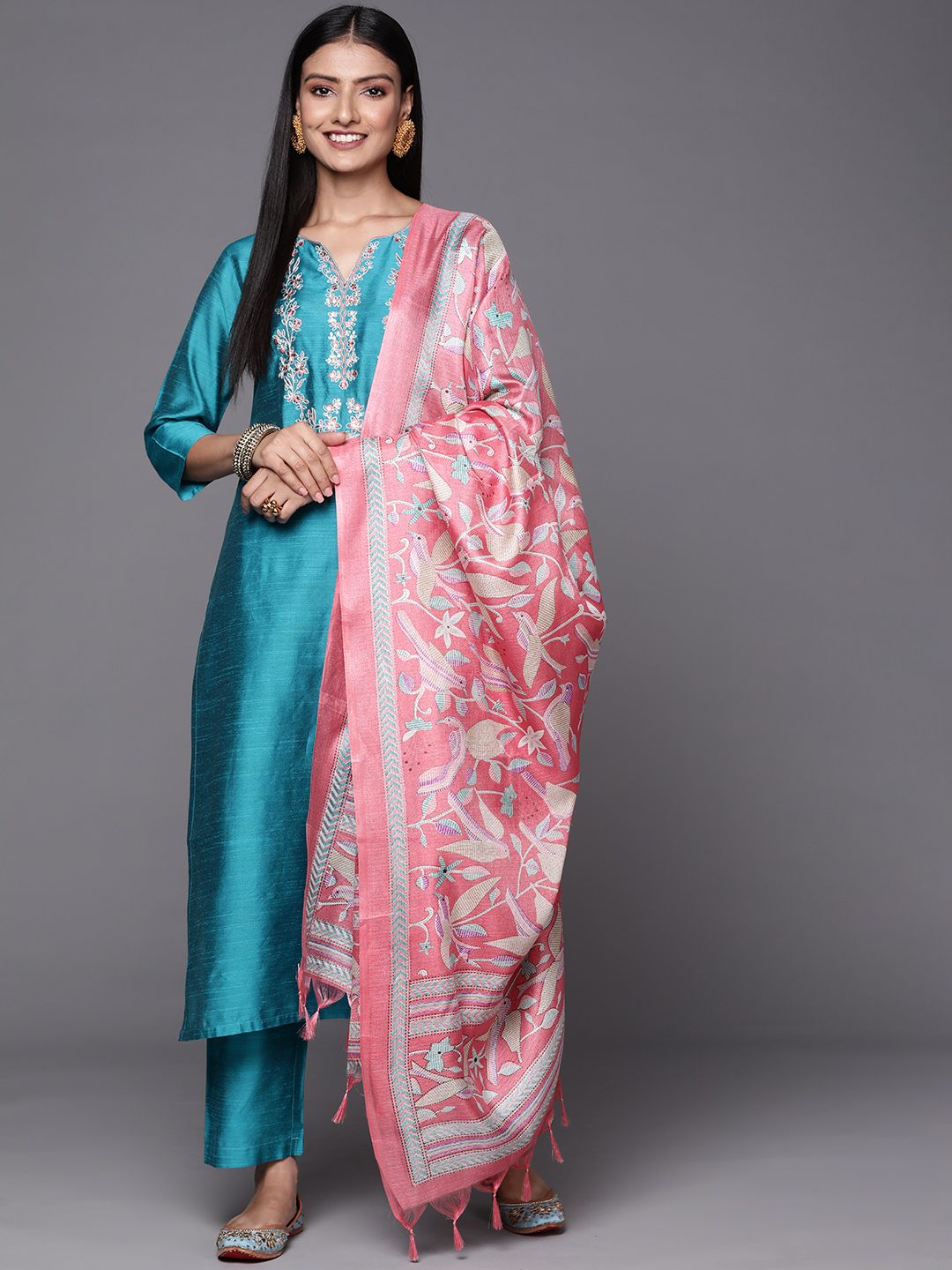 Dhiyona VA Women'sTurquoise Blue Thread Embroidered Yoke Kurta with Trouser with Printed Dupatta