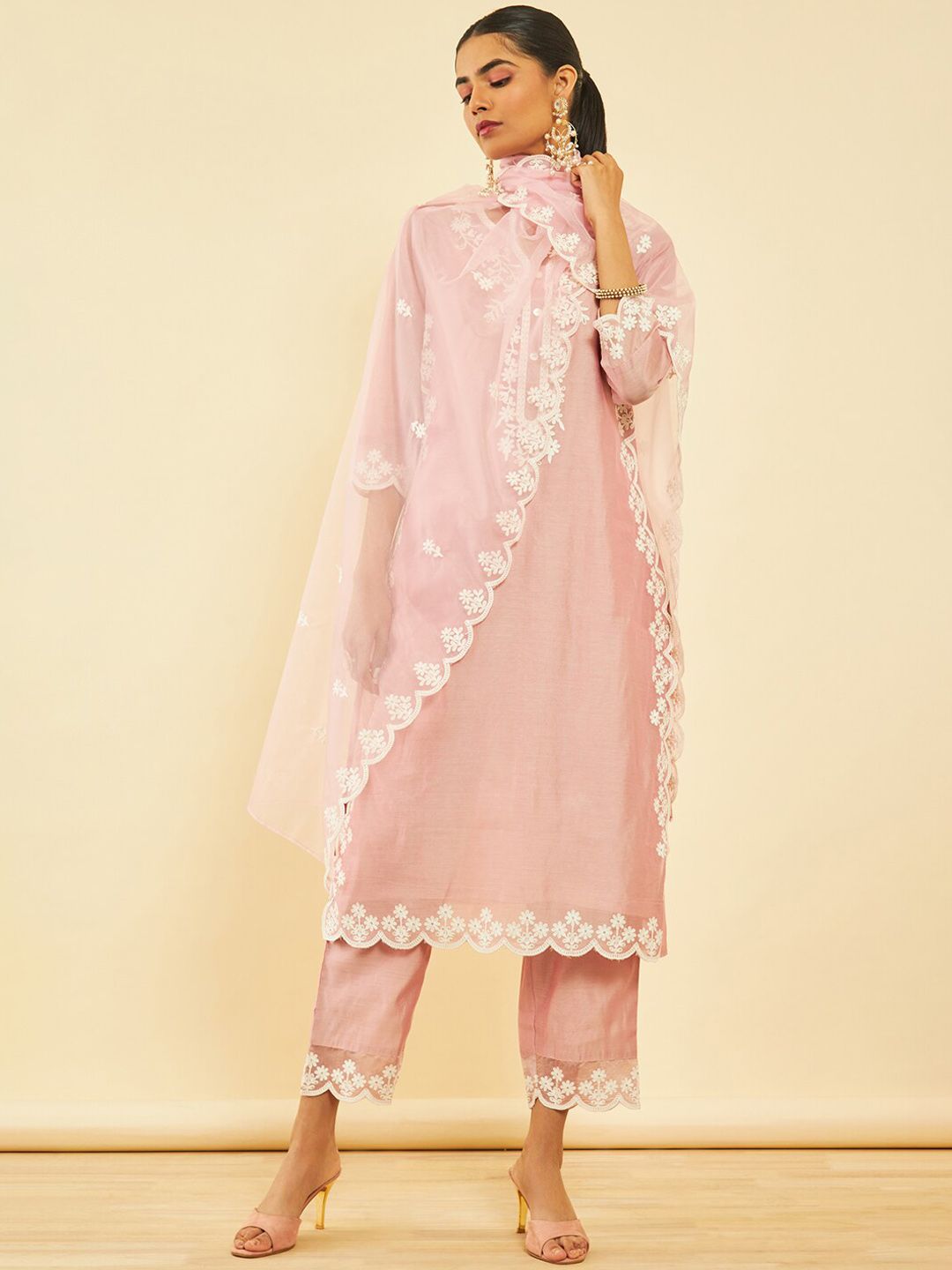 Dhiyona SO Women's Ethnic Motifs Embroidered Regular Chanderi Silk Kurta with Trousers & Dupatta