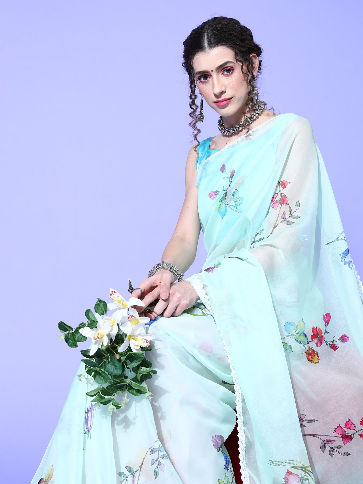 Women's Organza Light Green Digital Print Designer Saree With Blouse Piece