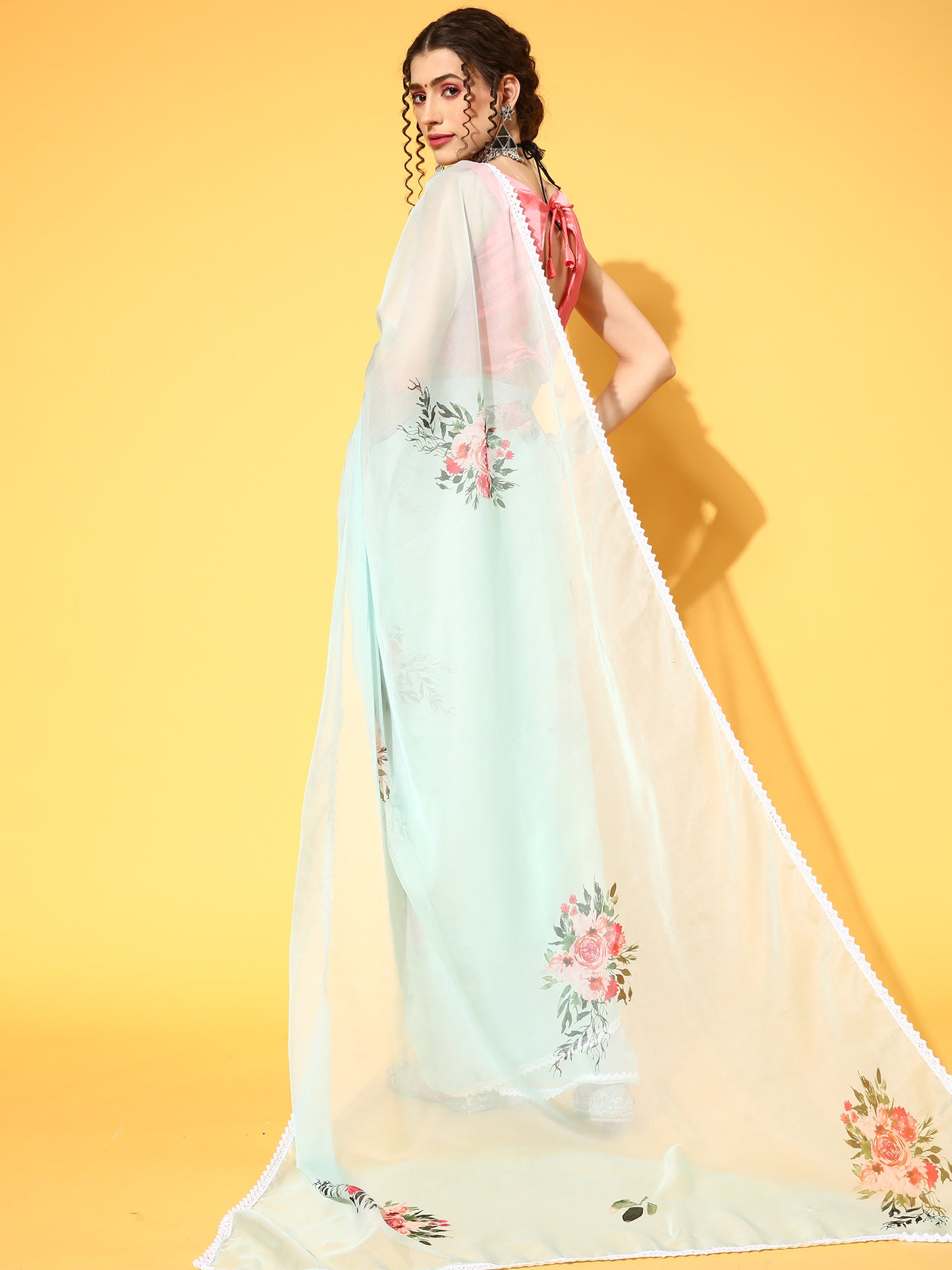 Women's Organza Sea Green Digital Print Designer Saree With Blouse Piece