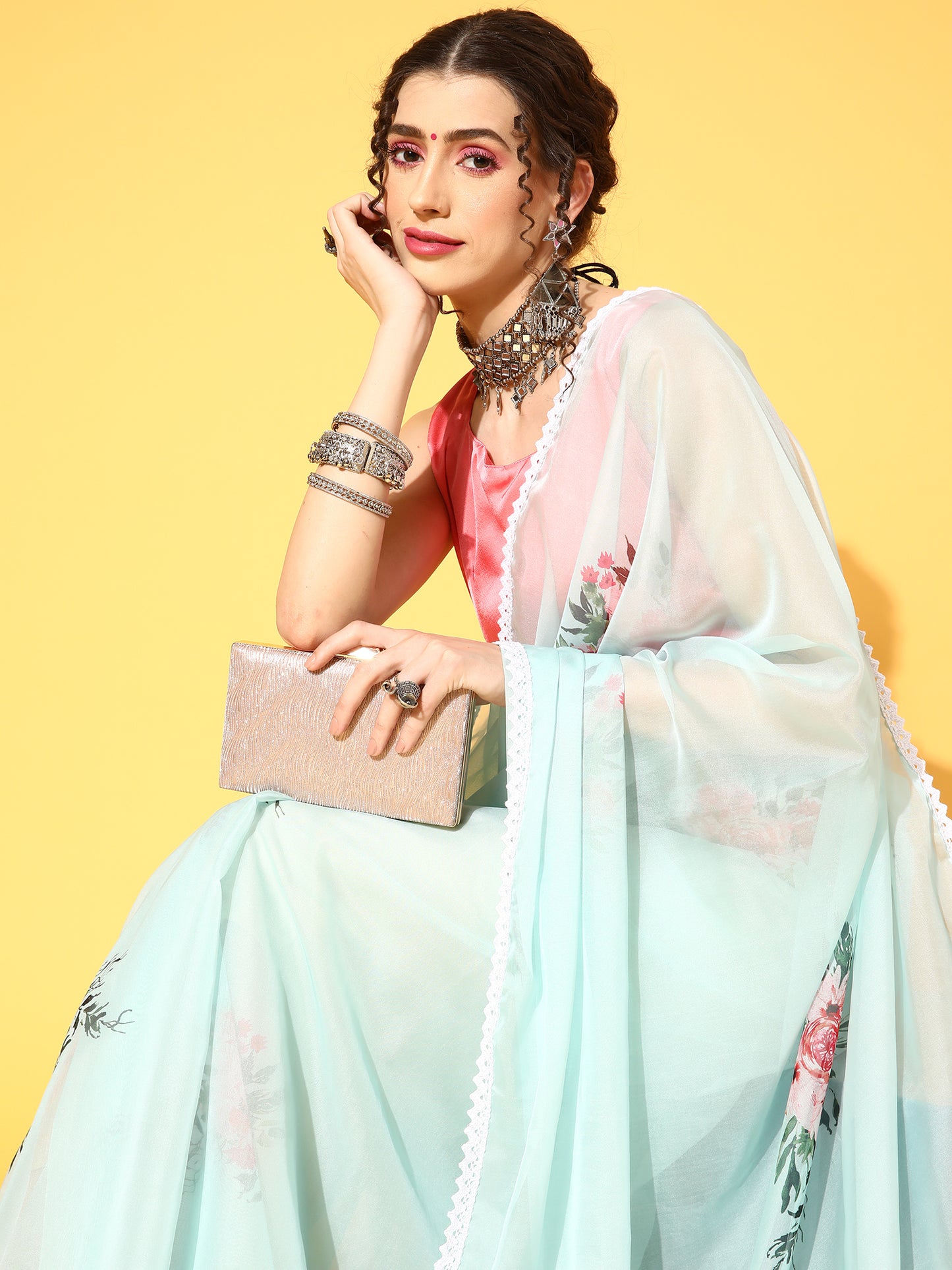 Women's Organza Sea Green Digital Print Designer Saree With Blouse Piece