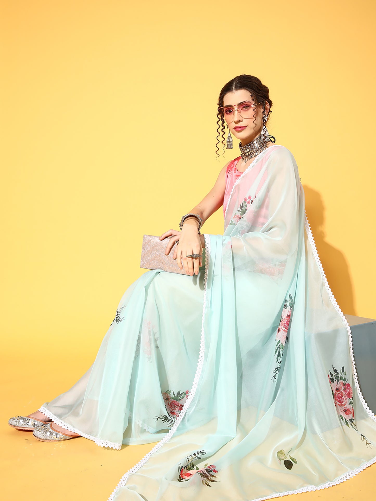 Women's Organza Sea Green Digital Print Designer Saree With Blouse Piece