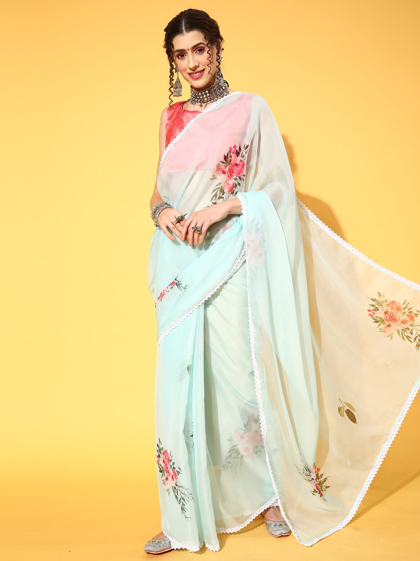 Women's Organza Sea Green Digital Print Designer Saree With Blouse Piece
