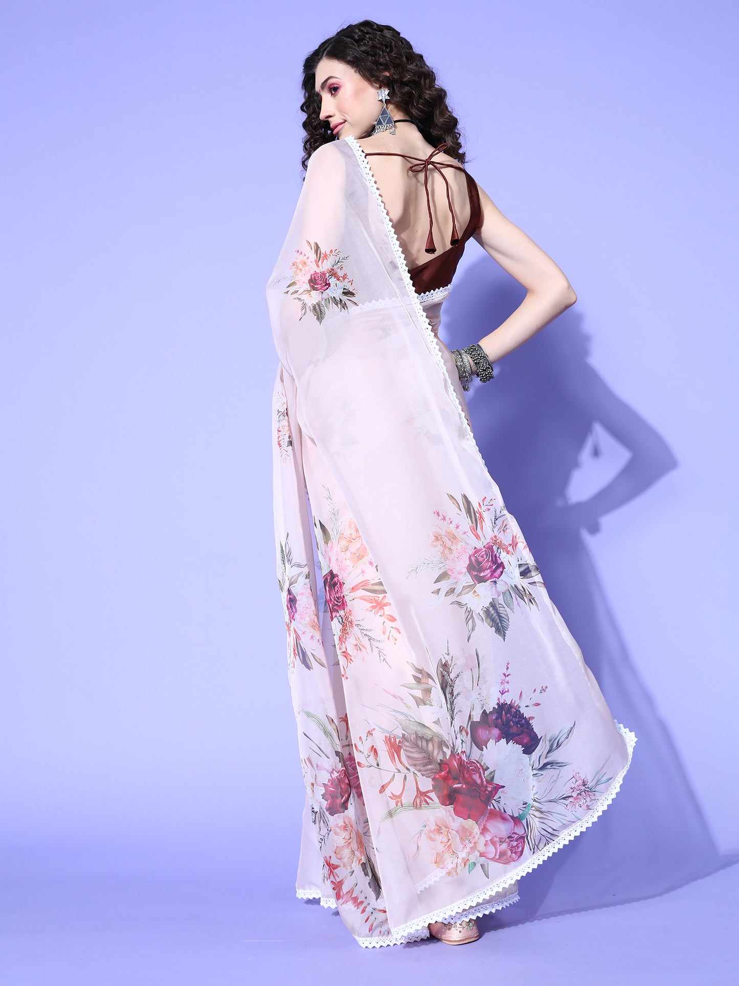 Women's Organza Beige Digital Print Designer Saree With Blouse Piece