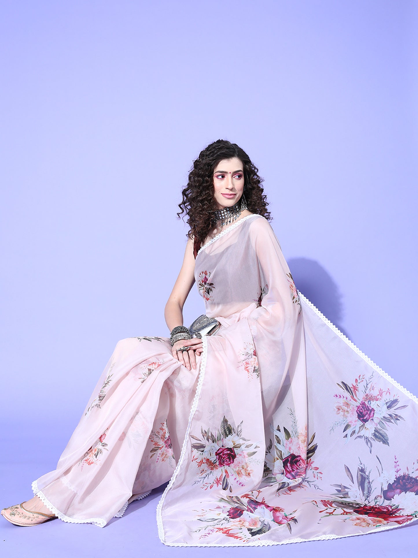 Women's Organza Beige Digital Print Designer Saree With Blouse Piece