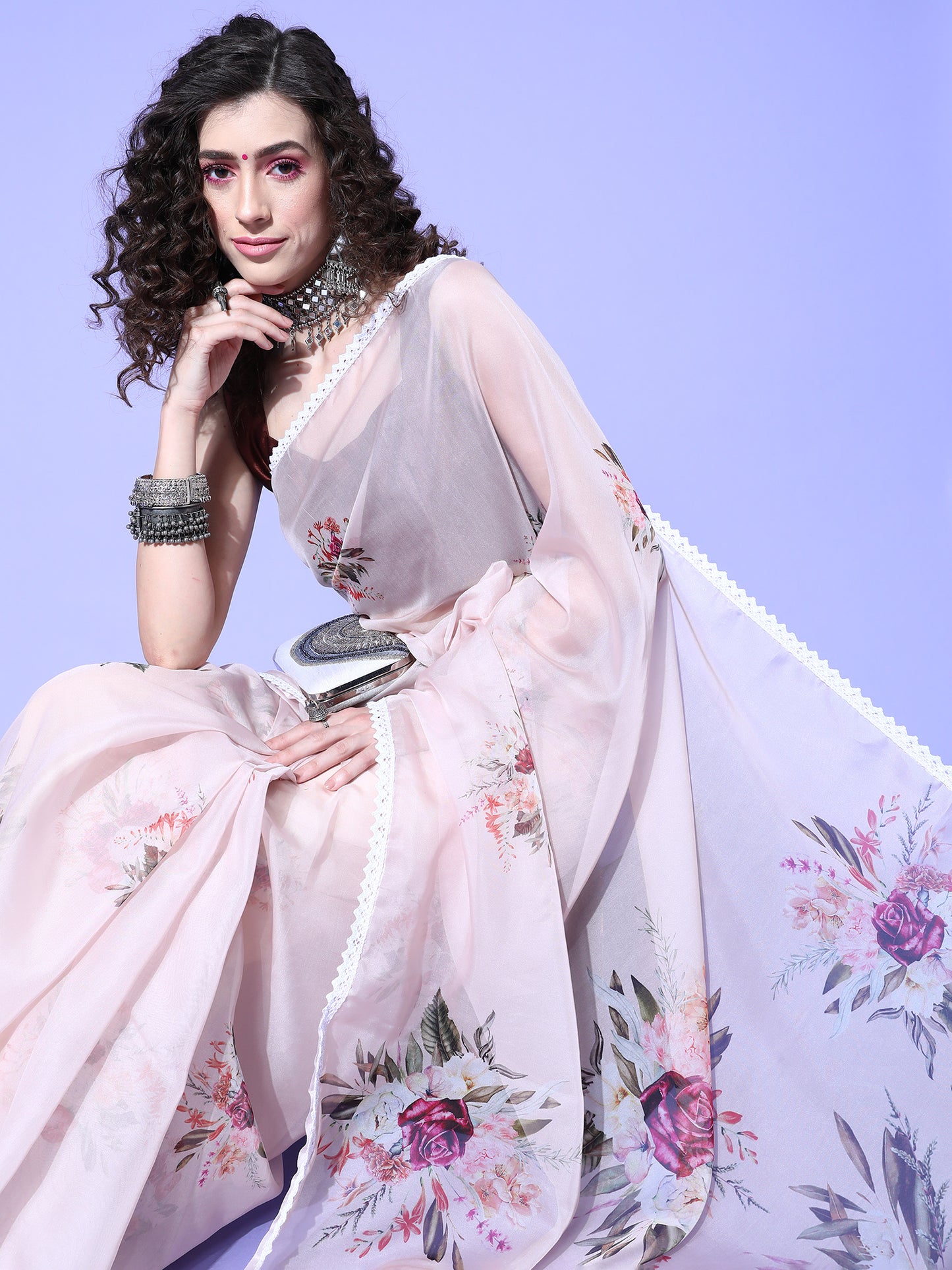 Women's Organza Beige Digital Print Designer Saree With Blouse Piece
