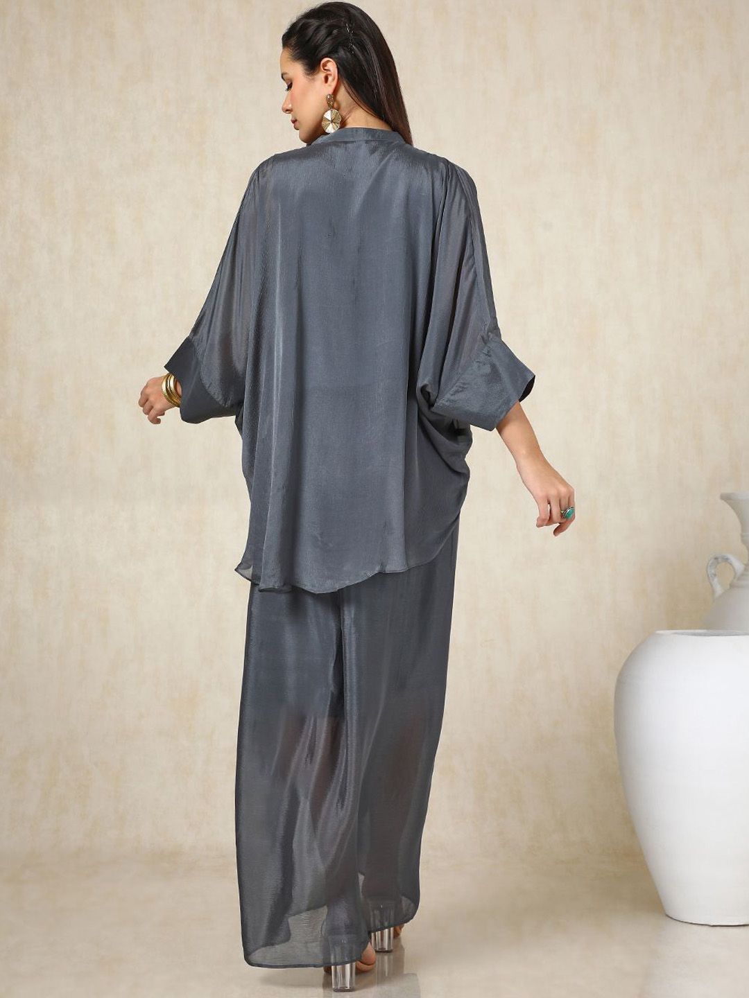 Dhiyona SO Women's Grey Floral Embroidered Mandarin Collar Three-Quarter Sleeves Top With Skirt