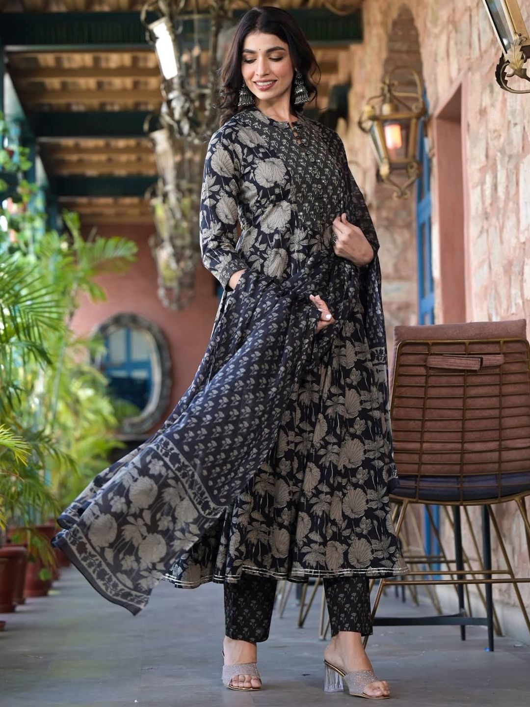 Dhiyona VA Women's Floral Printed Panelled Mirror Work Kurta with Trousers & With Dupatta