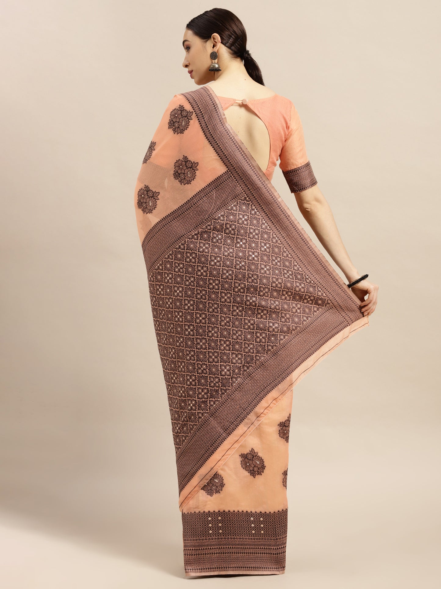 Women's Silk Blend Peach Woven Design Designer Saree With Blouse Piece