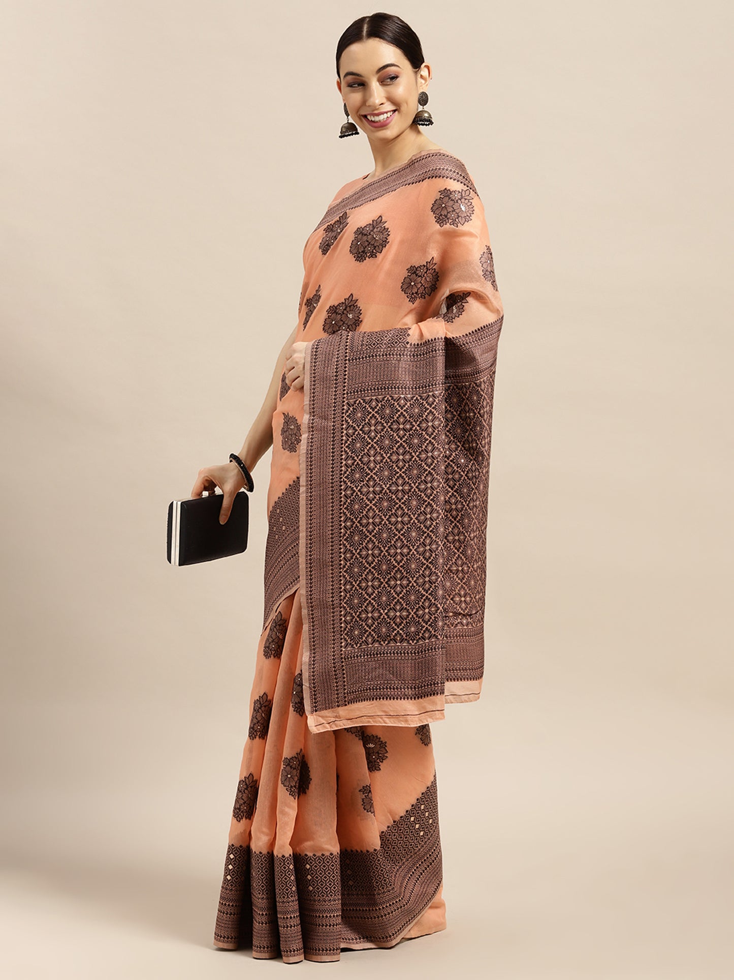 Women's Silk Blend Peach Woven Design Designer Saree With Blouse Piece