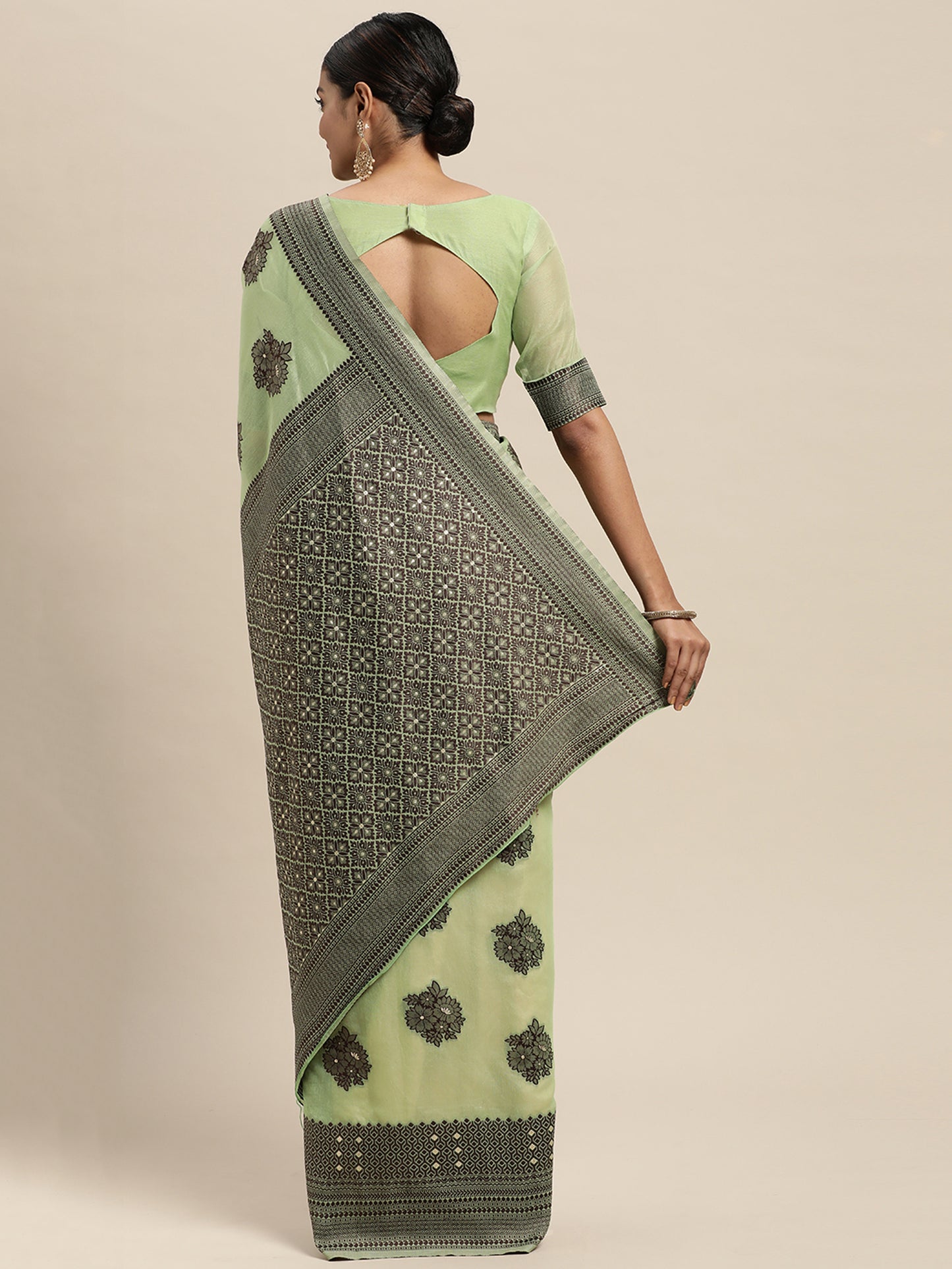 Women's Silk Blend Green Woven Design Designer Saree With Blouse Piece