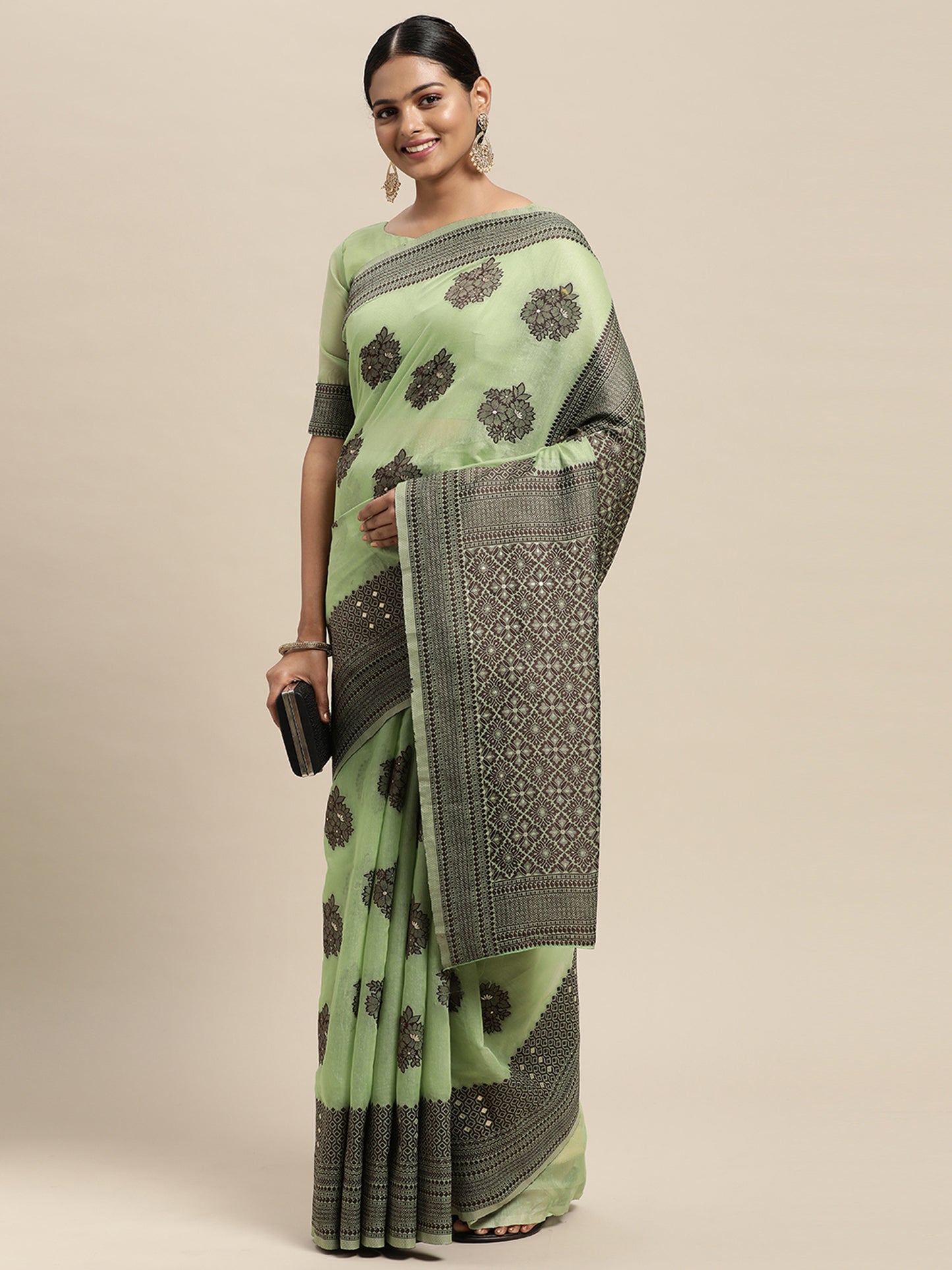 Women's Silk Blend Green Woven Design Designer Saree With Blouse Piece