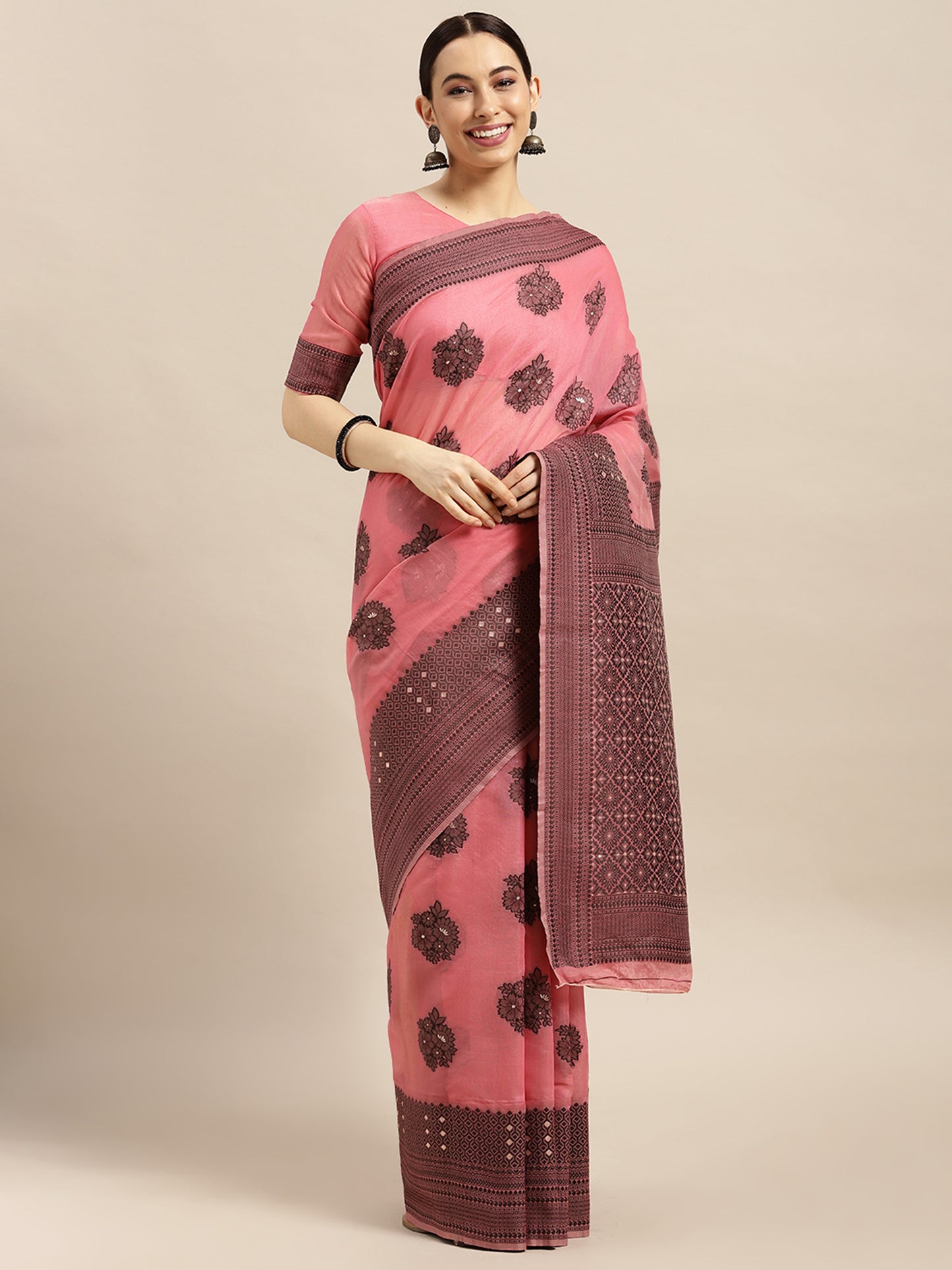 Women's Silk Blend Pink Woven Design Designer Saree With Blouse Piece