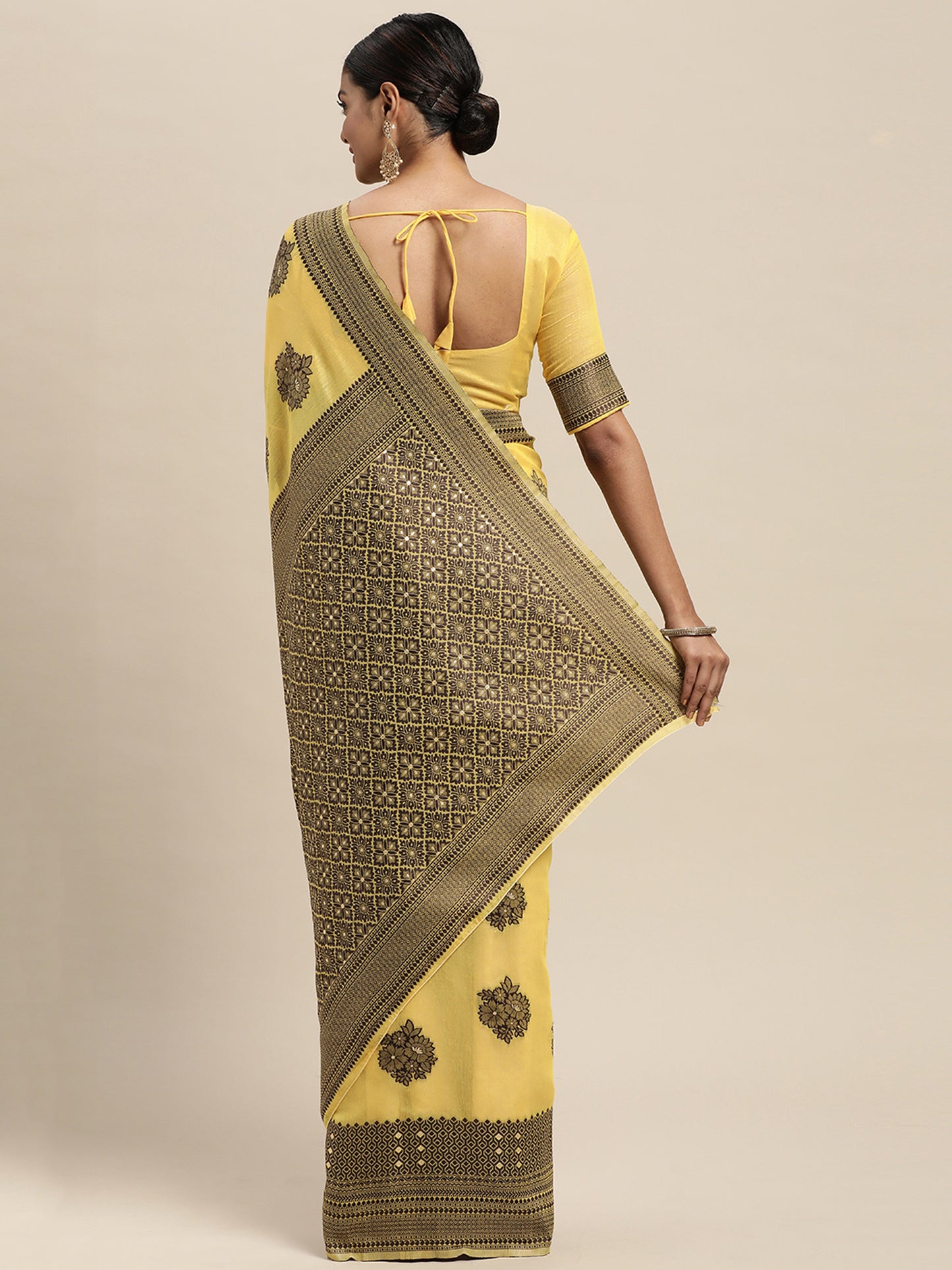 Women's Silk Blend Yellow Woven Design Designer Saree With Blouse Piece