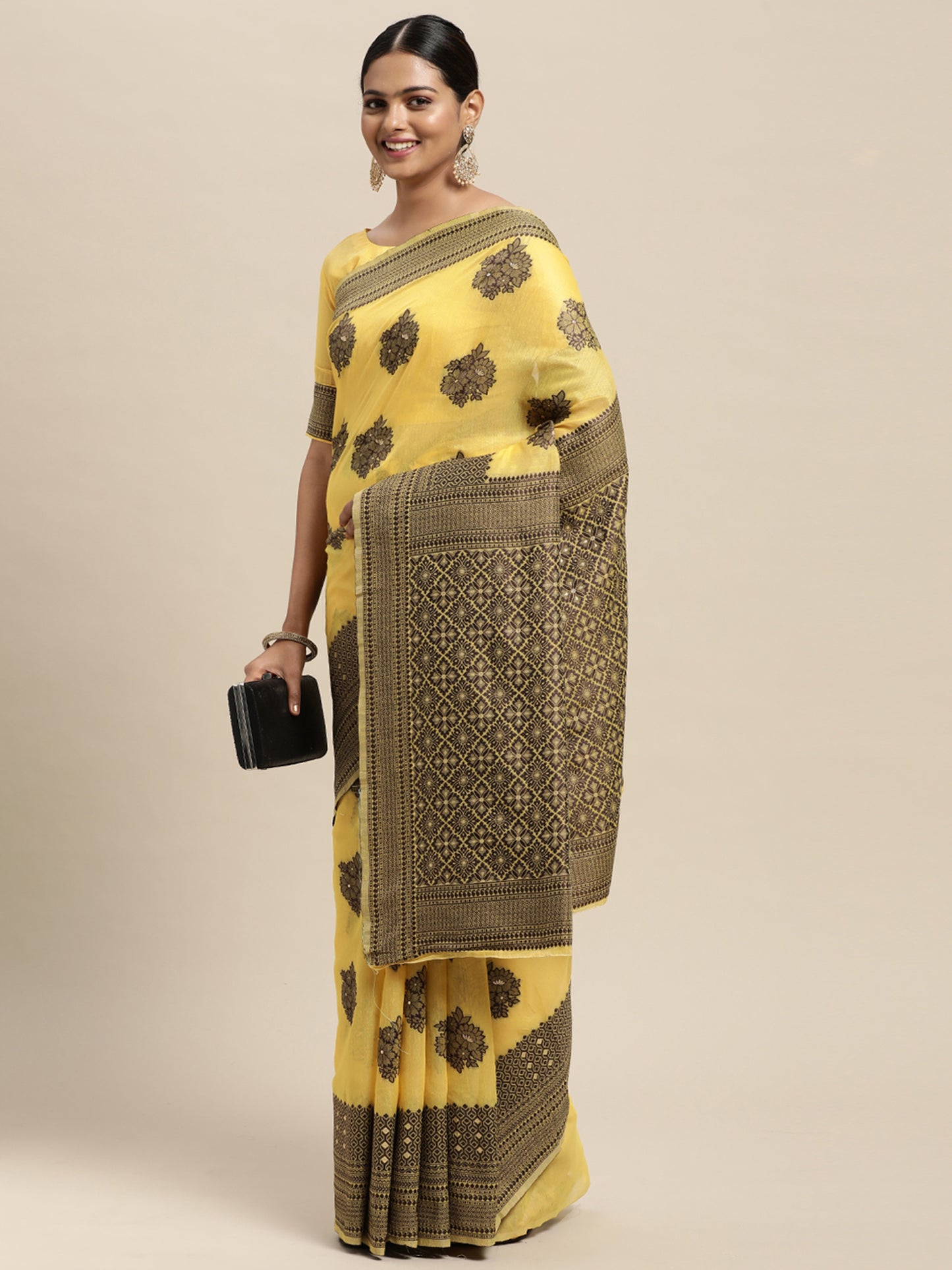 Women's Silk Blend Yellow Woven Design Designer Saree With Blouse Piece