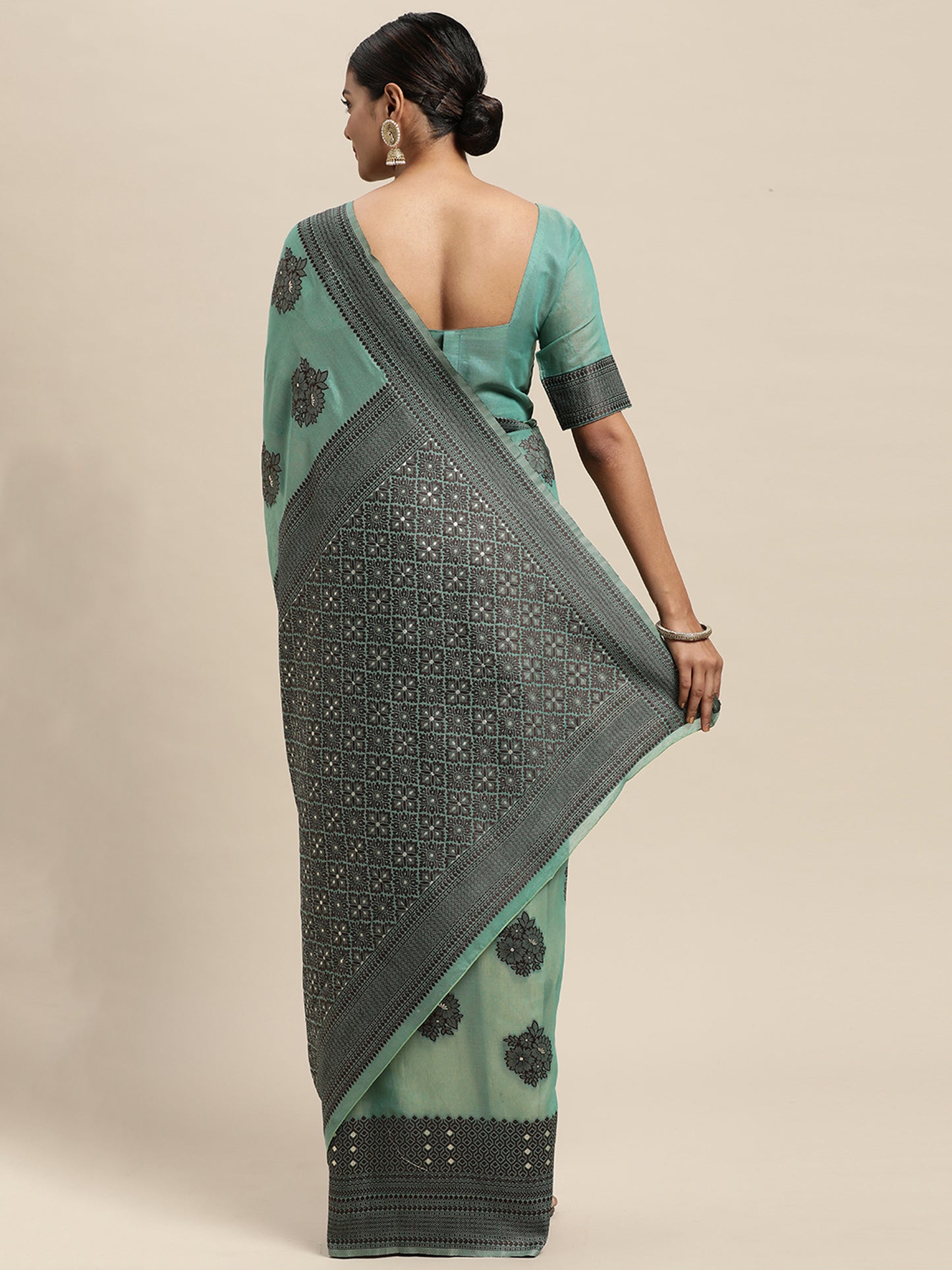 Women's Silk Blend Teal green Woven Design Designer Saree With Blouse Piece