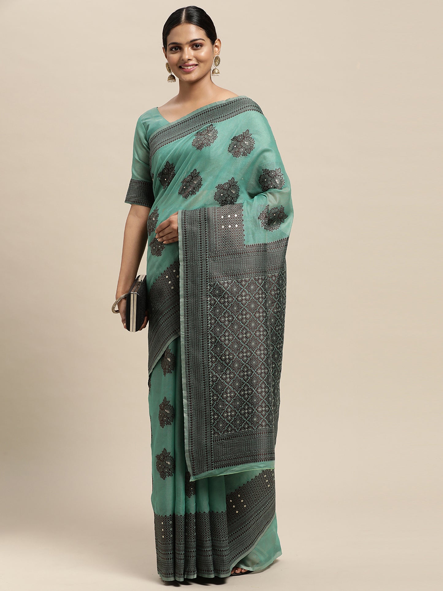 Women's Silk Blend Teal green Woven Design Designer Saree With Blouse Piece